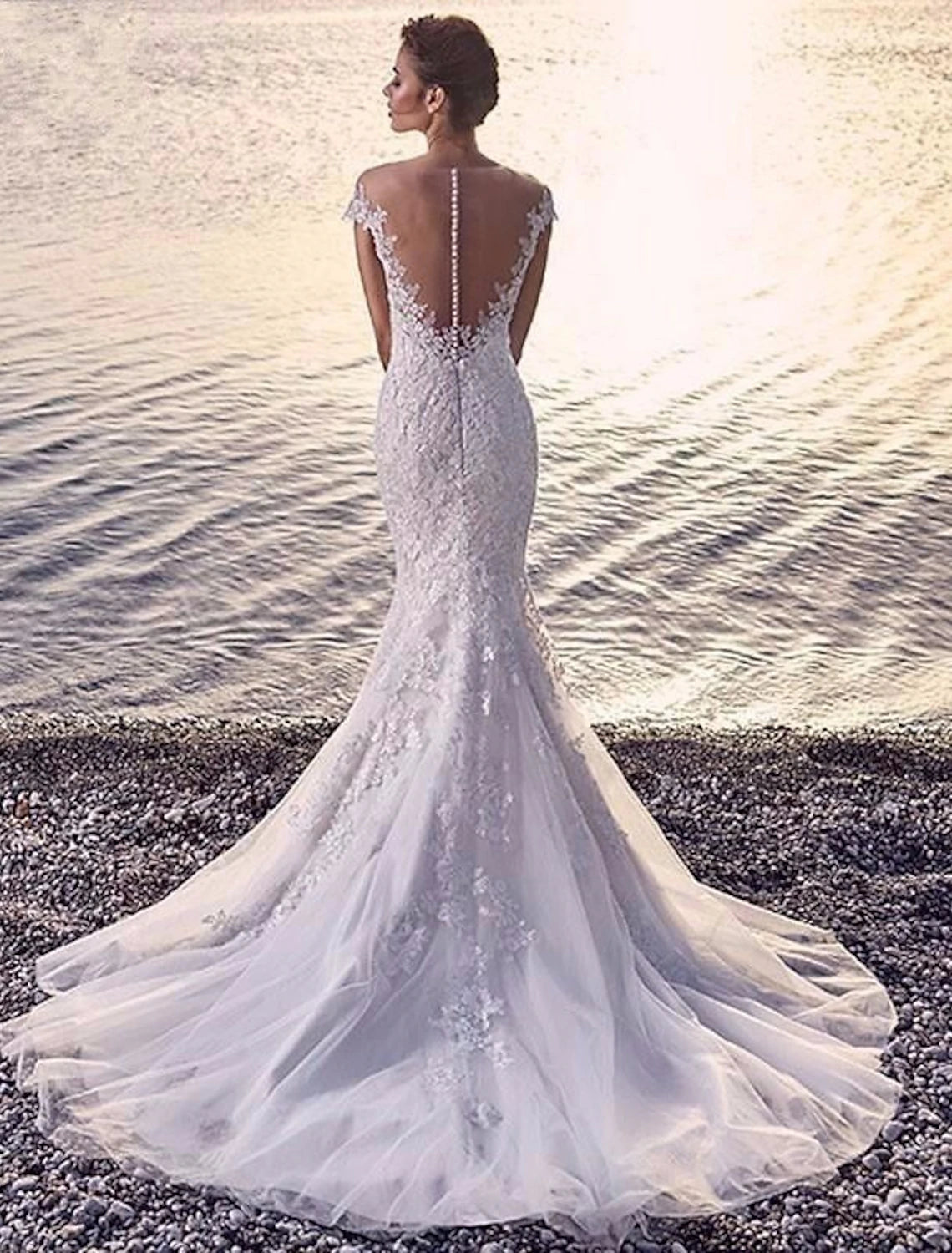 Vestidos de novia formales de playa, corte sirena/trompeta, escote redondo, hombros descubiertos, mangas cortas, cola de corte, encaje, con apliques, para bodas de verano, ropa de mujer