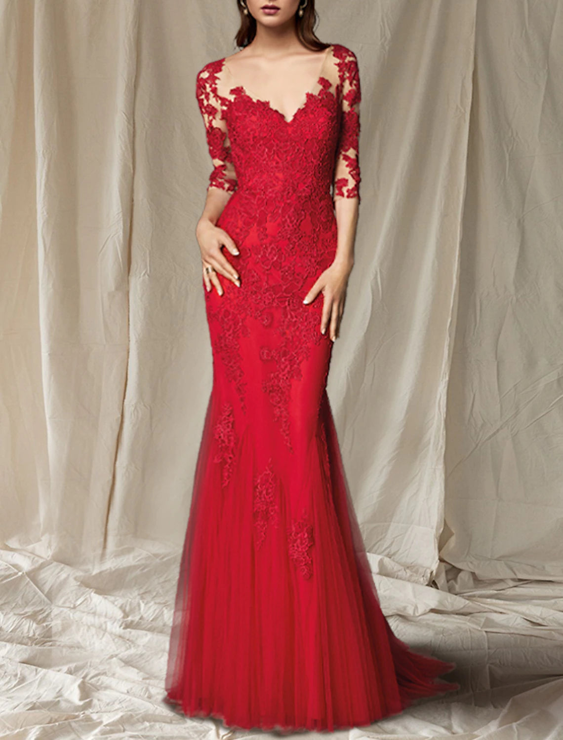 Vestido de sirena/trompeta para madre de la novia, lujoso y elegante, escote en V, cola larga/cortada, encaje, tul, media manga con pliegues y apliques