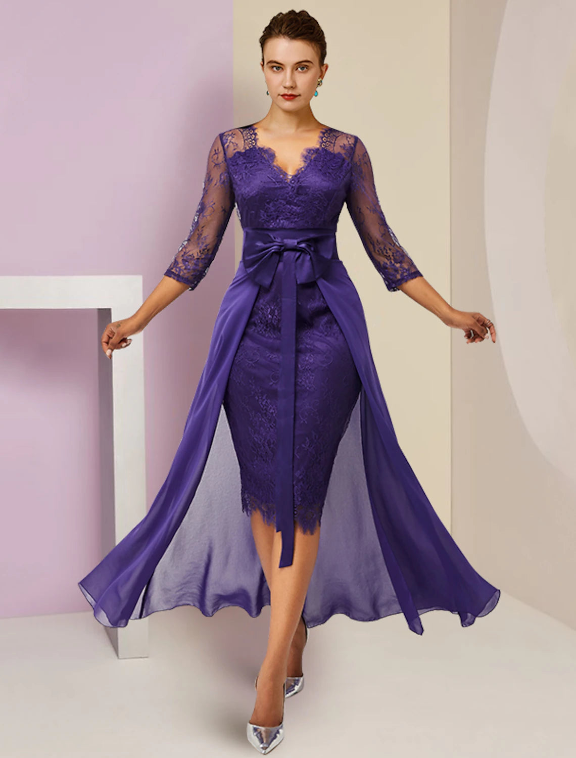 Vestido de dos piezas tipo tubo para madre de la novia, elegante vestido de novia de otoño, con escote en V desmontable, largo hasta la rodilla, de gasa, con encaje, mangas 3/4 y lazo(s).