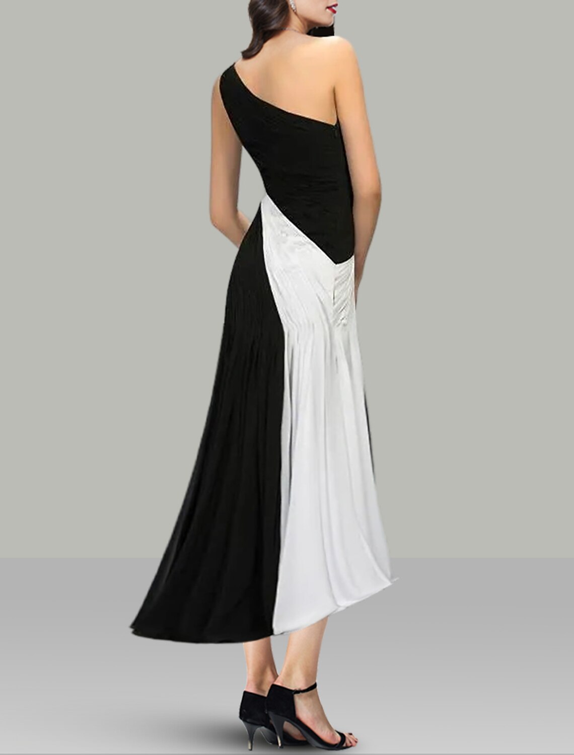 Black Chiffon One Shoulder Midi Dress - Sheath/column with Ruched Bodice & Diagonal Color Block