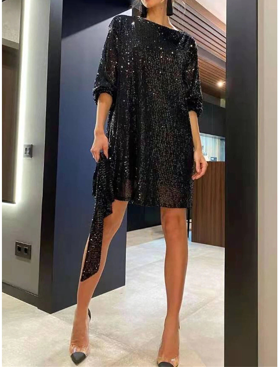 Abito da donna con paillettes, abito da festa, abito da ballo, miniabito, argento, nero, bianco, manica lunga, colore puro, con lacci, autunno, inverno, girocollo, rosso, abito per San Valentino, abito invernale, San Valentino, matrimonio