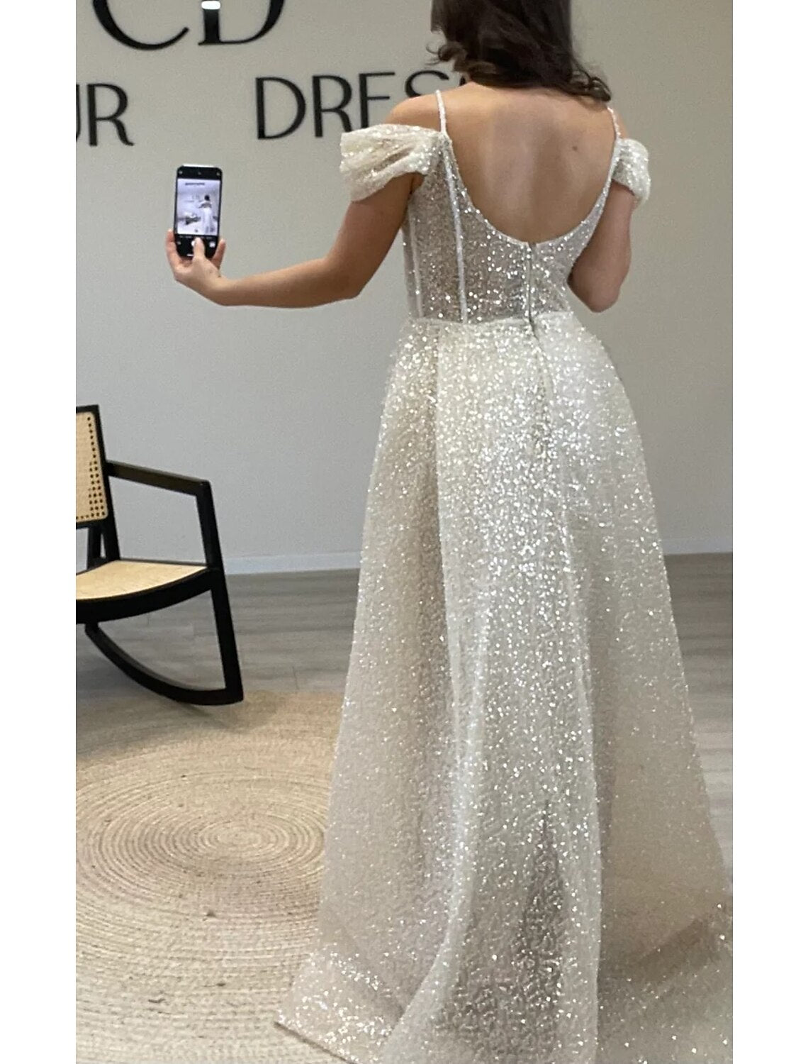 Sheath / Column Prom Dresses Elegant Dress Formal Prom Floor Length Short Sleeve Off Shoulder Sequined with Glitter Ruched