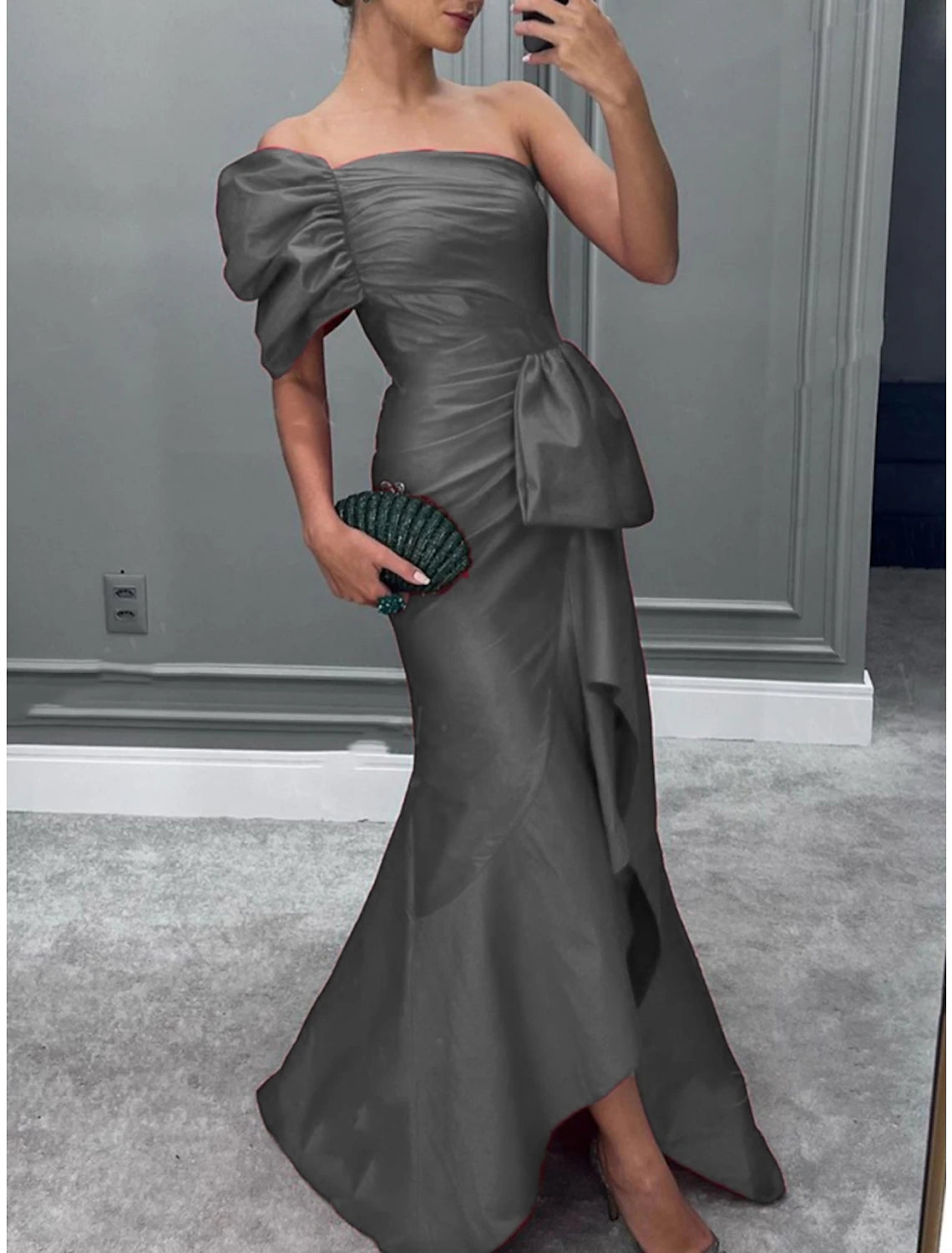 Mermaid / Trumpet Evening Gown Elegant Dress Formal Christmas Red Green Dress Sweep / Brush Train Short Sleeve One Shoulder Satin with Ruched Ruffles 2025