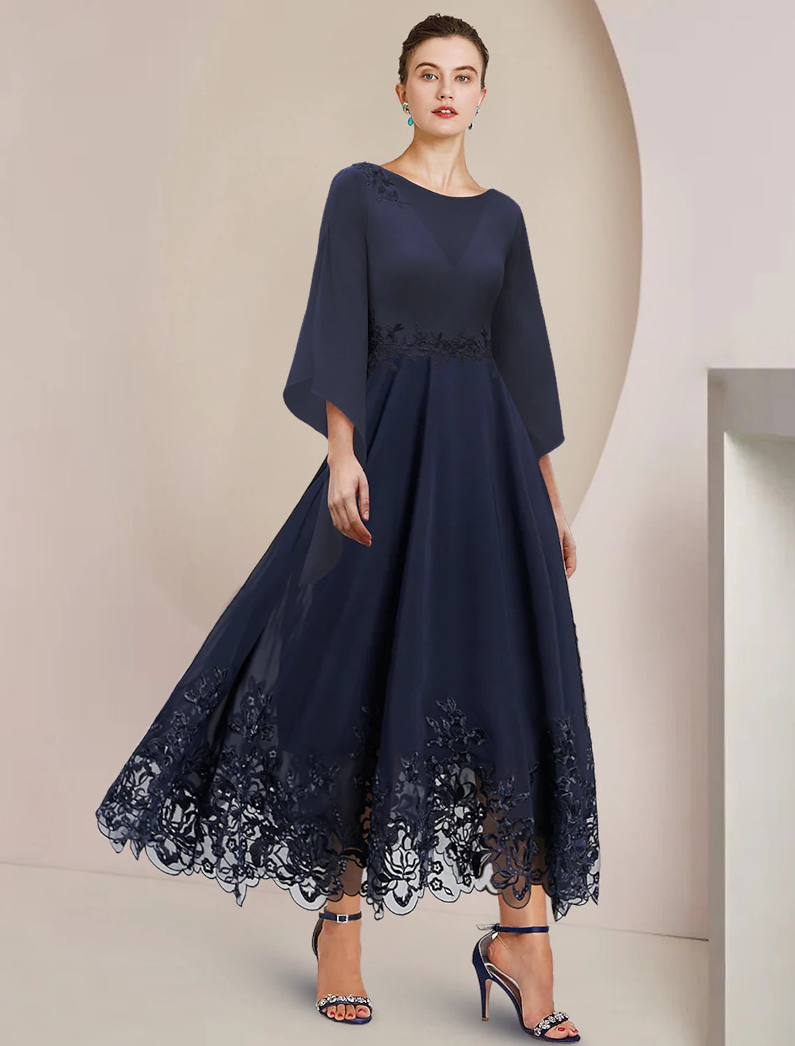 Dark Navy Chiffon A-Line Tea-Length Evening Dress with Lace Appliques and Scalloped Hem