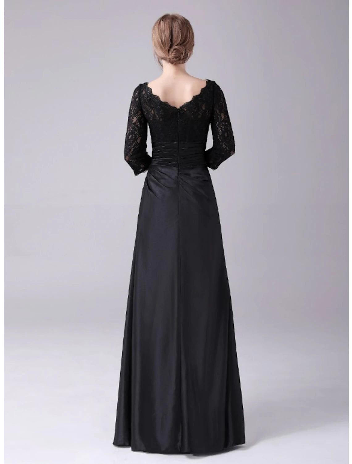 Vestido de sirena/trompeta para madre de la novia, talla grande, elegante, cuello joya, largo hasta el suelo, satén, manga 3/4 con fruncido de encaje