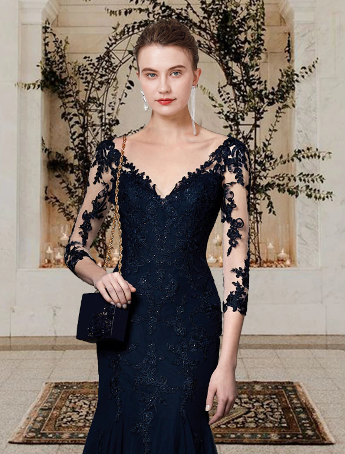 Vestido de sirena/trompeta para madre de la novia, elegante escote en V, cola larga/cepillo, encaje, tul, manga corta con apliques