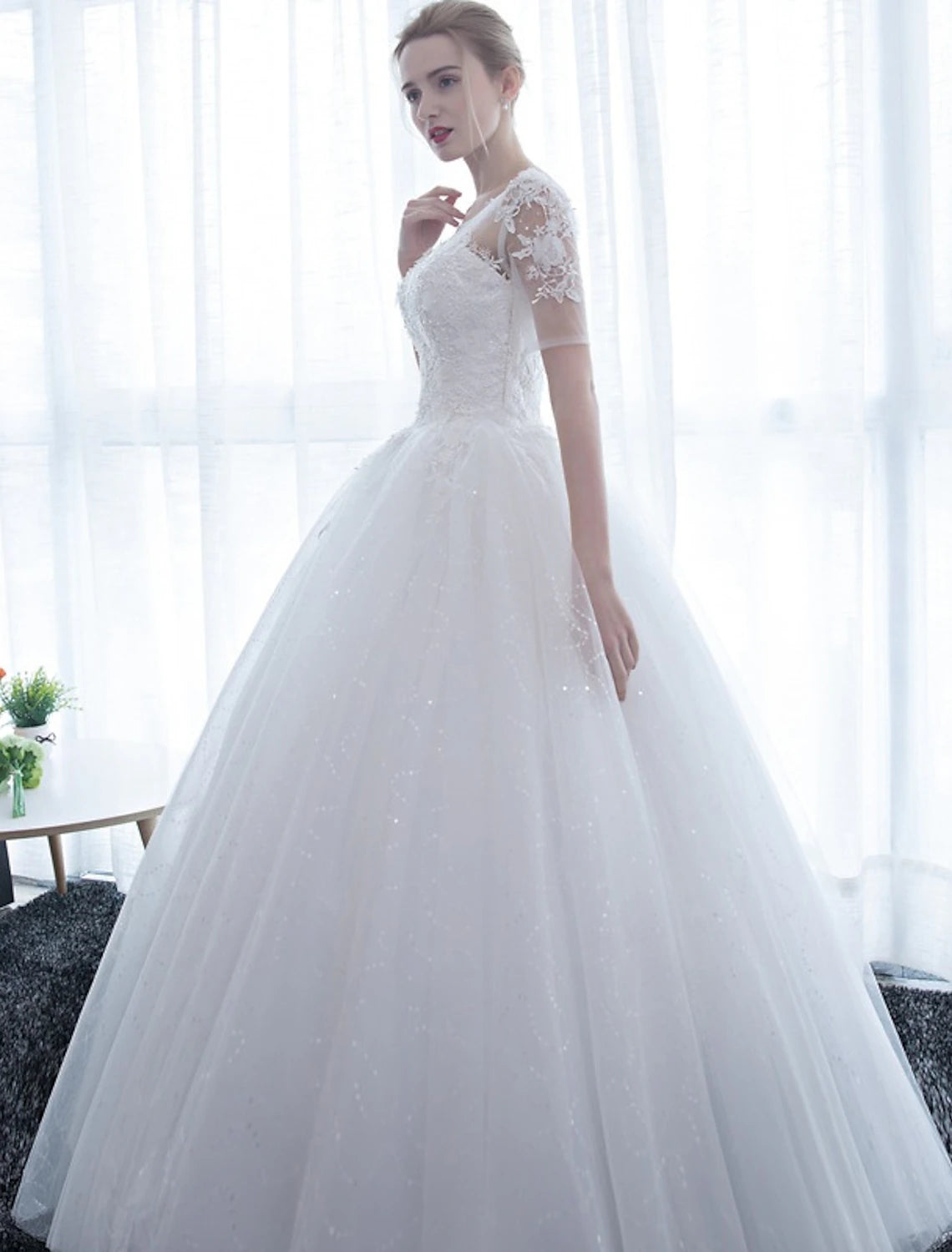 Abiti da sposa formali da ricevimento, abiti da ballo, scollo a V, maniche corte, lunghezza pavimento, abiti da sposa in raso con pizzo, abbigliamento estivo da donna