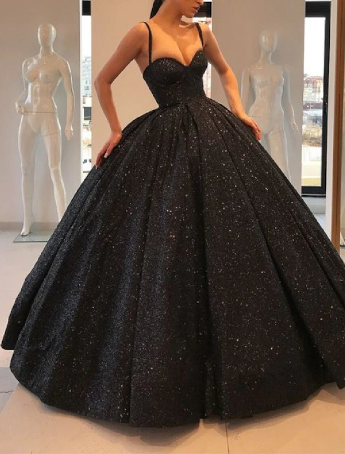 Vestido de fiesta brillante con destellos, vestido de noche formal de compromiso, escote corazón, sin mangas, cola larga con lentejuelas
