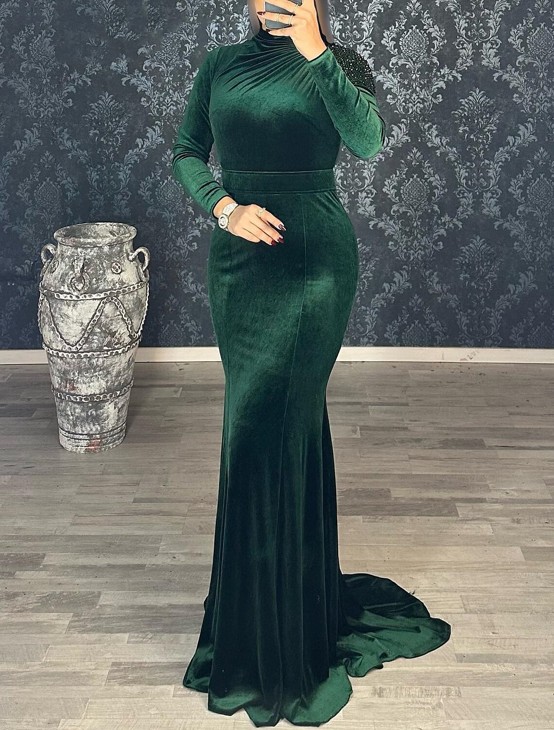 Mermaid / Trumpet Evening Gown Black Dress Dress Wedding Guest Fall Court Train Long Sleeve High Neck Velvet with Rhinestone