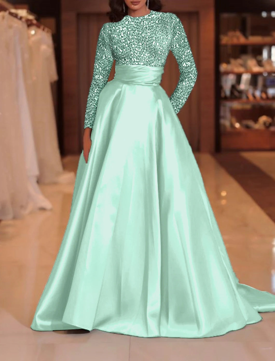 A-Line Evening Gown Sparkle Christmas Red Green Dress Formal Cocktail Party Court Train Long Sleeve High Neck Fall Wedding Guest Satin with Sequin 2025