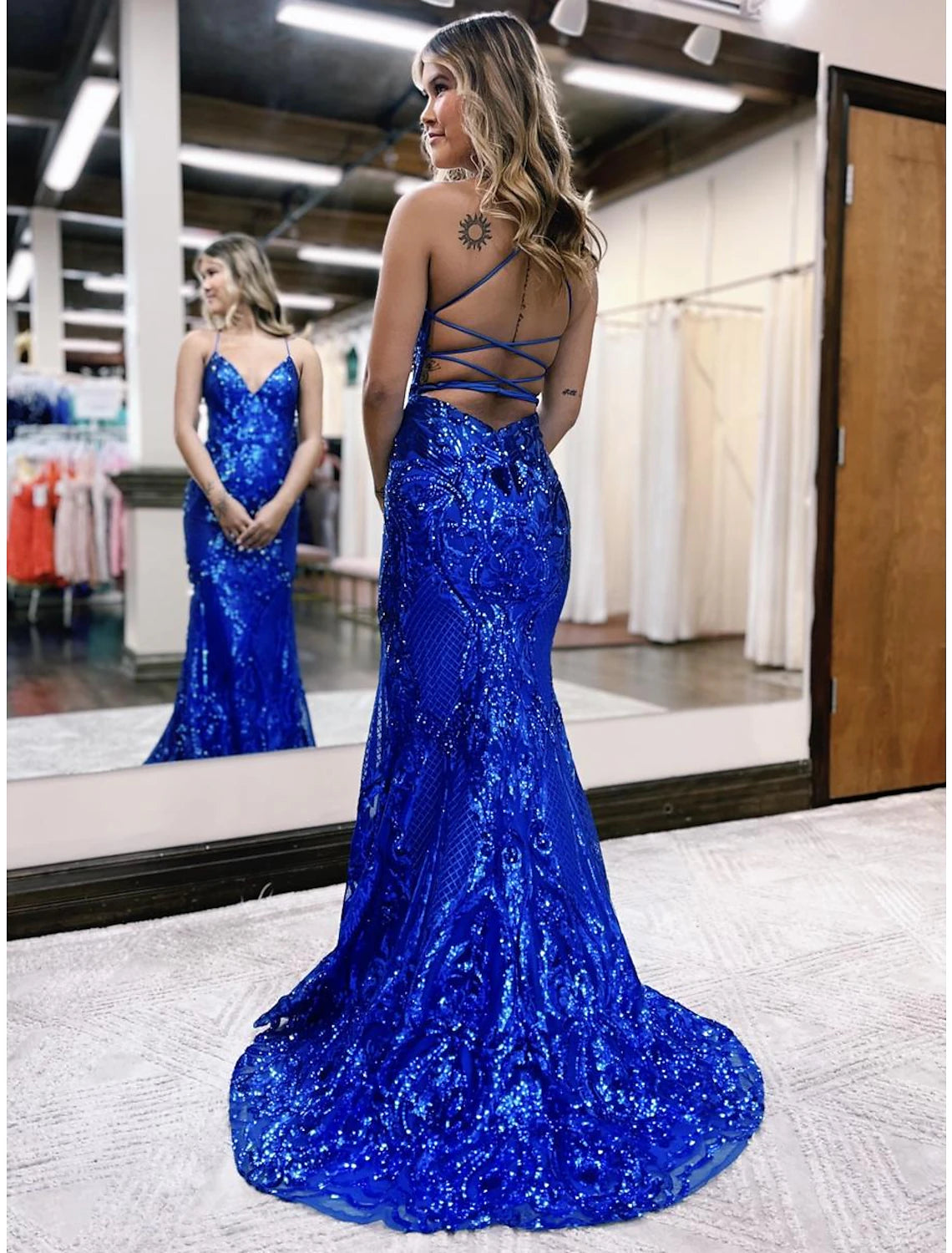 Royal Blue Sequin Mermaid Floor-Length Dress with V-Neck and Criss-Cross Straps