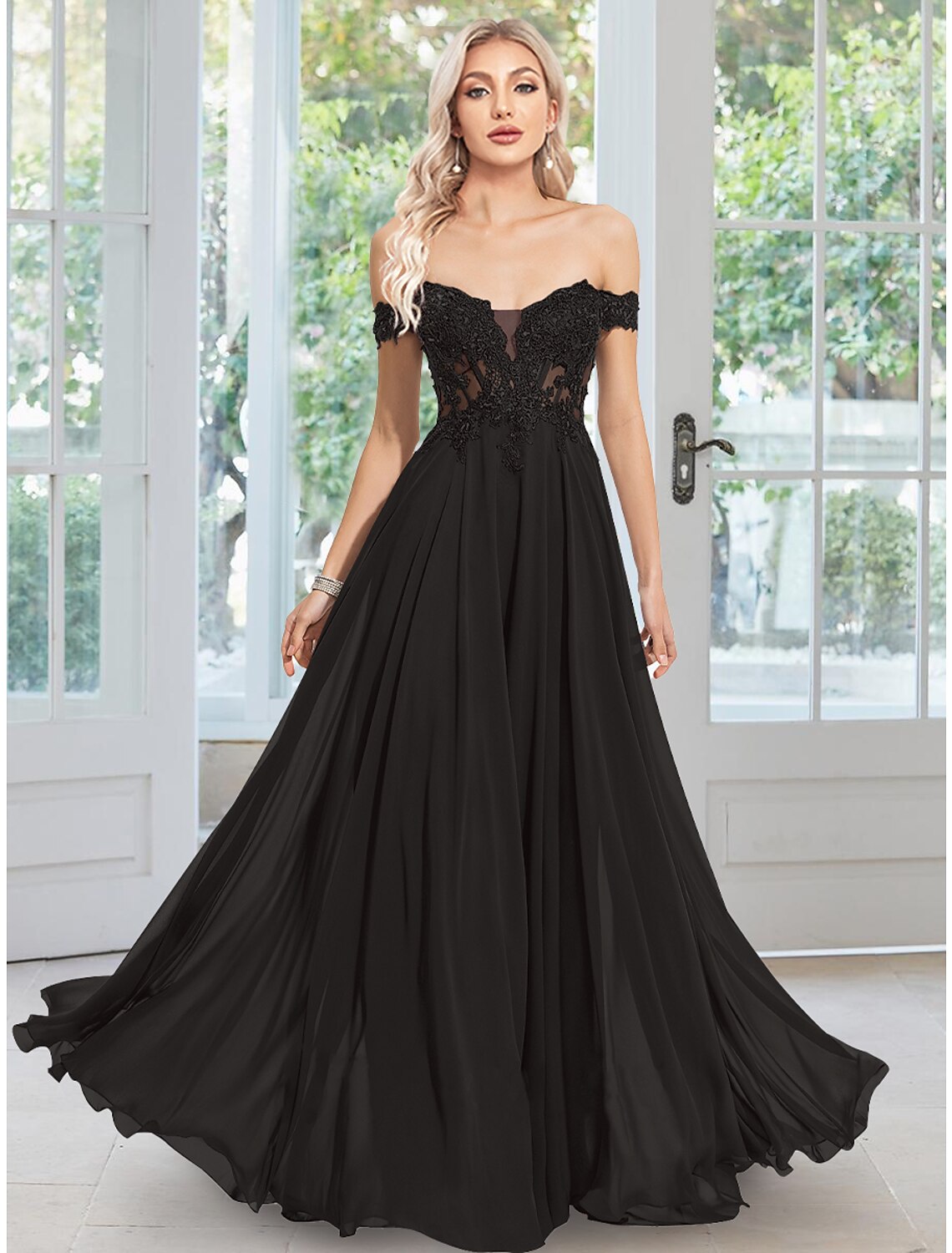Black Chiffon A-Line Off-the-Shoulder Floor-Length Evening Dress with Lace Bodice