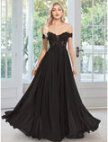 Black Chiffon Off-the-Shoulder Floor-Length Evening Dress with Lace Applique Bodice