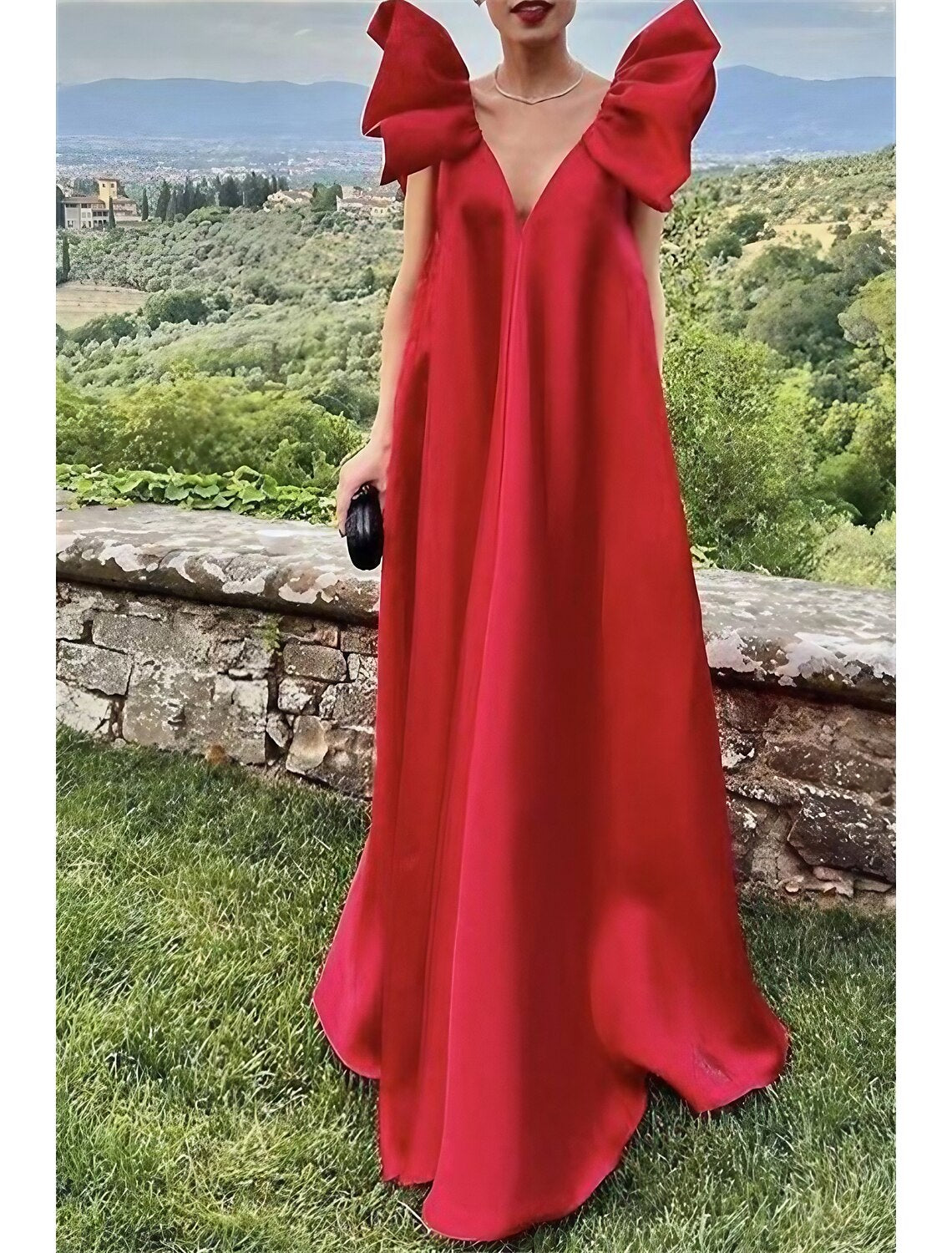 Abito da sera a trapezio, abito da festa, abito rosso verde, formale, da sposa, con strascico a ruota, senza maniche, scollo a V, charmeuse con pieghe