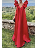 Vestido de noche de corte A, vestido de fiesta rojo y verde, vestido formal de boda, cola larga/cepillo, sin mangas, escote en V, charmeuse con pliegues