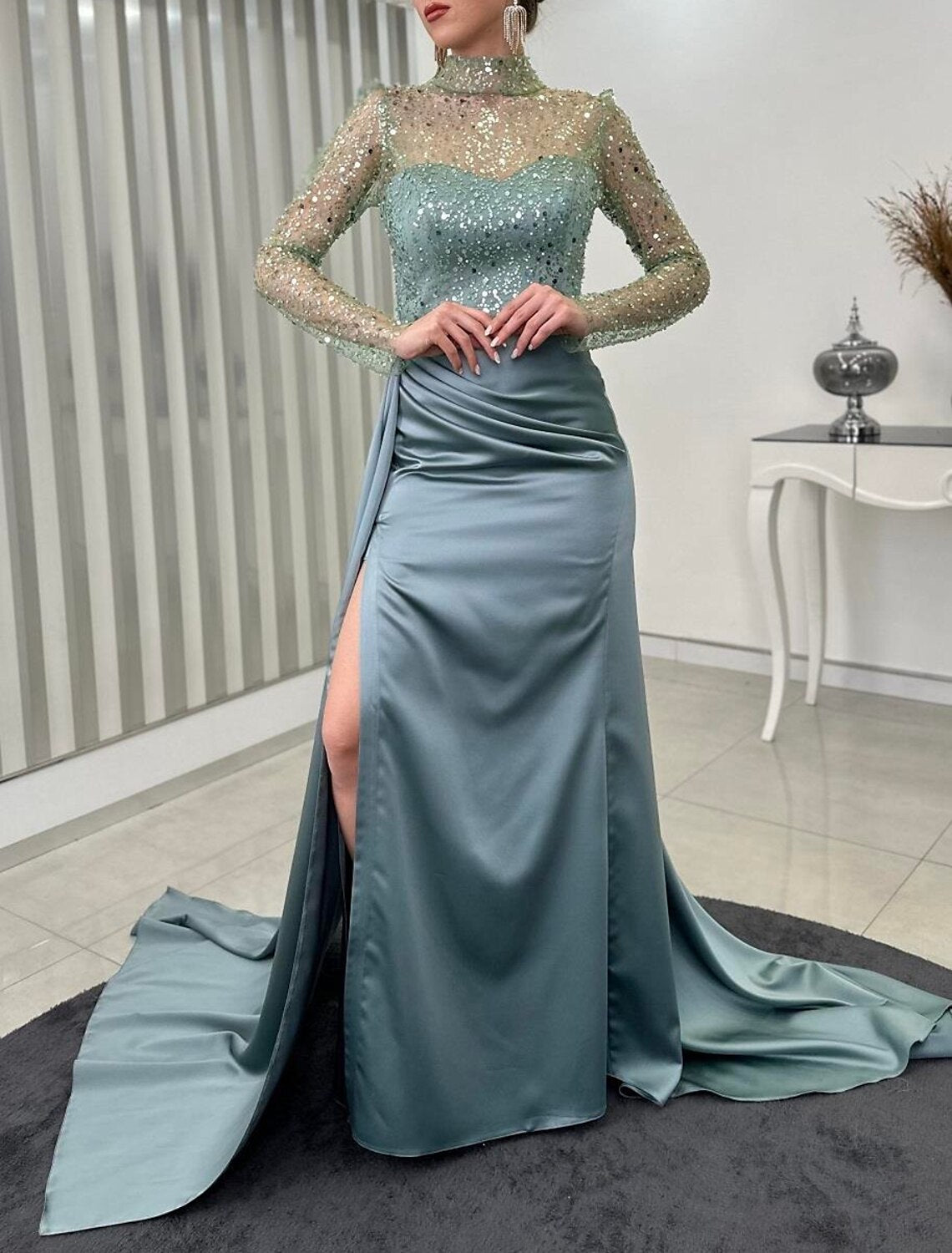 Mermaid / Trumpet Evening Gown Elegant Dress Wedding Guest Fall Court Train Long Sleeve High Neck Satin with Ruched Pearls Slit