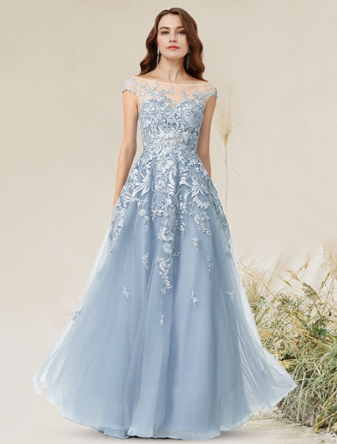 Vestido de fiesta elegante estilo imperio de corte A, vestido de noche formal, cuello joya, sin mangas, largo hasta el suelo, encaje con apliques