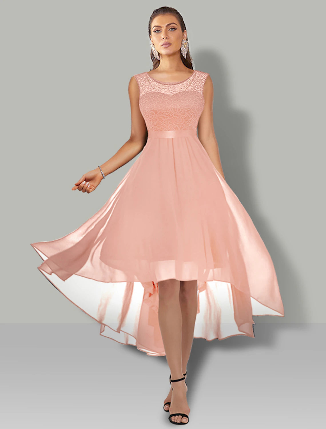 Dark Navy Lace Bodice Chiffon A-Line High-Low Bridesmaid Dress with Scoop Neck & Back Zip