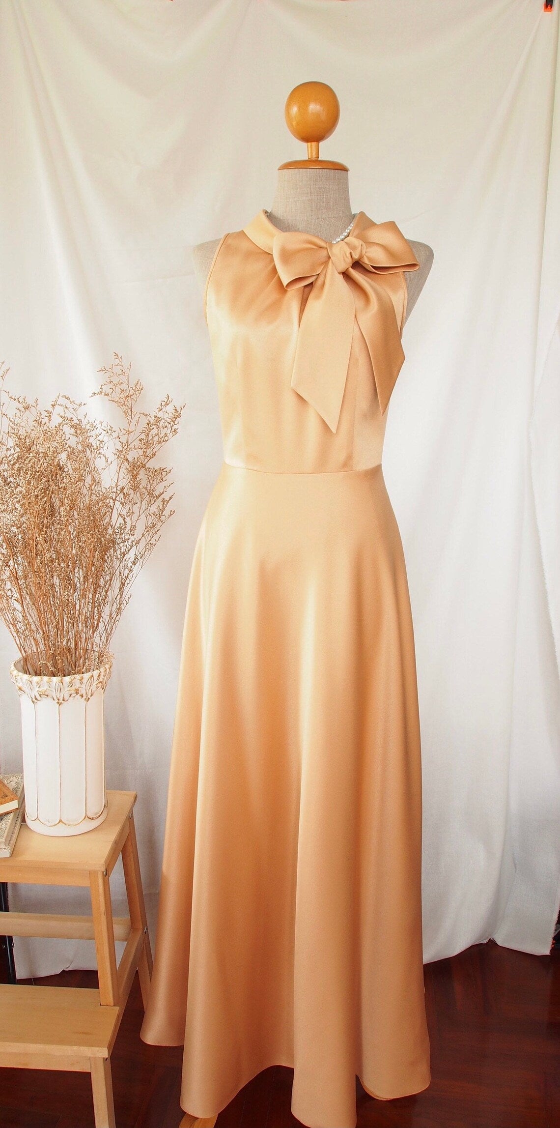 Jimiss - Vestido de fiesta largo hasta el suelo, con cuello alto, sin mangas, hombros descubiertos y decoración de lazo 