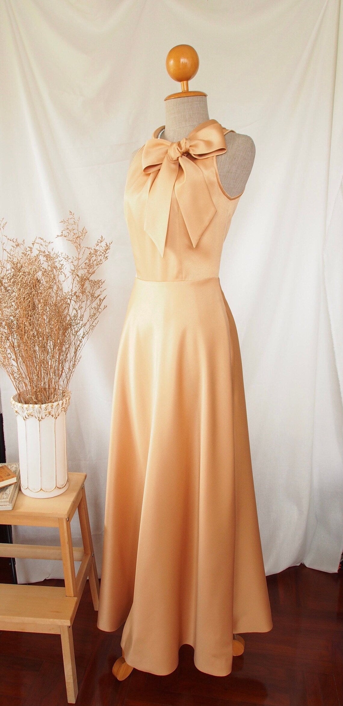 Jimiss - Vestido de fiesta largo hasta el suelo, con cuello alto, sin mangas, hombros descubiertos y decoración de lazo 