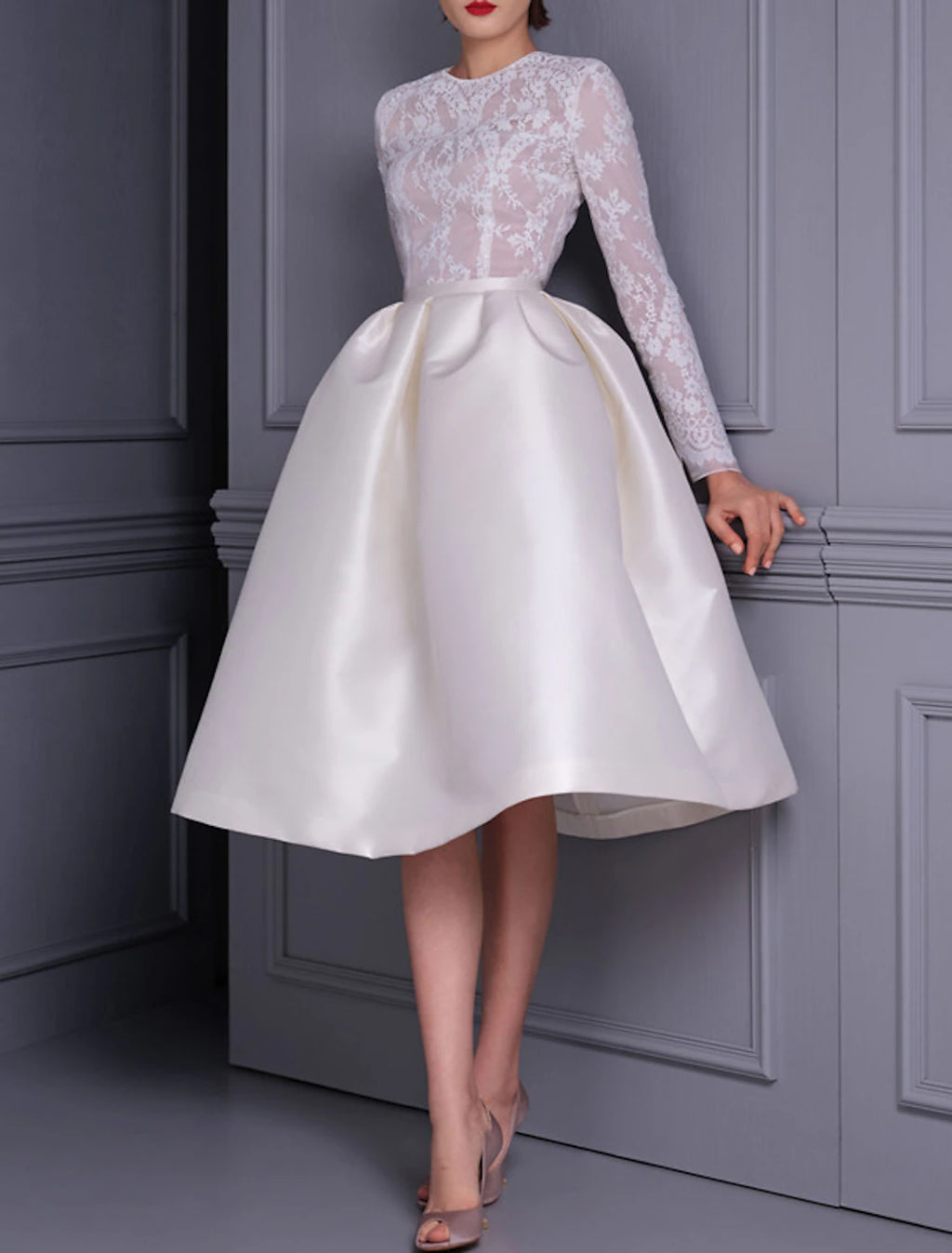 Ivory Lace Boat Neck Tea-Length A-Line Bridesmaid Dress