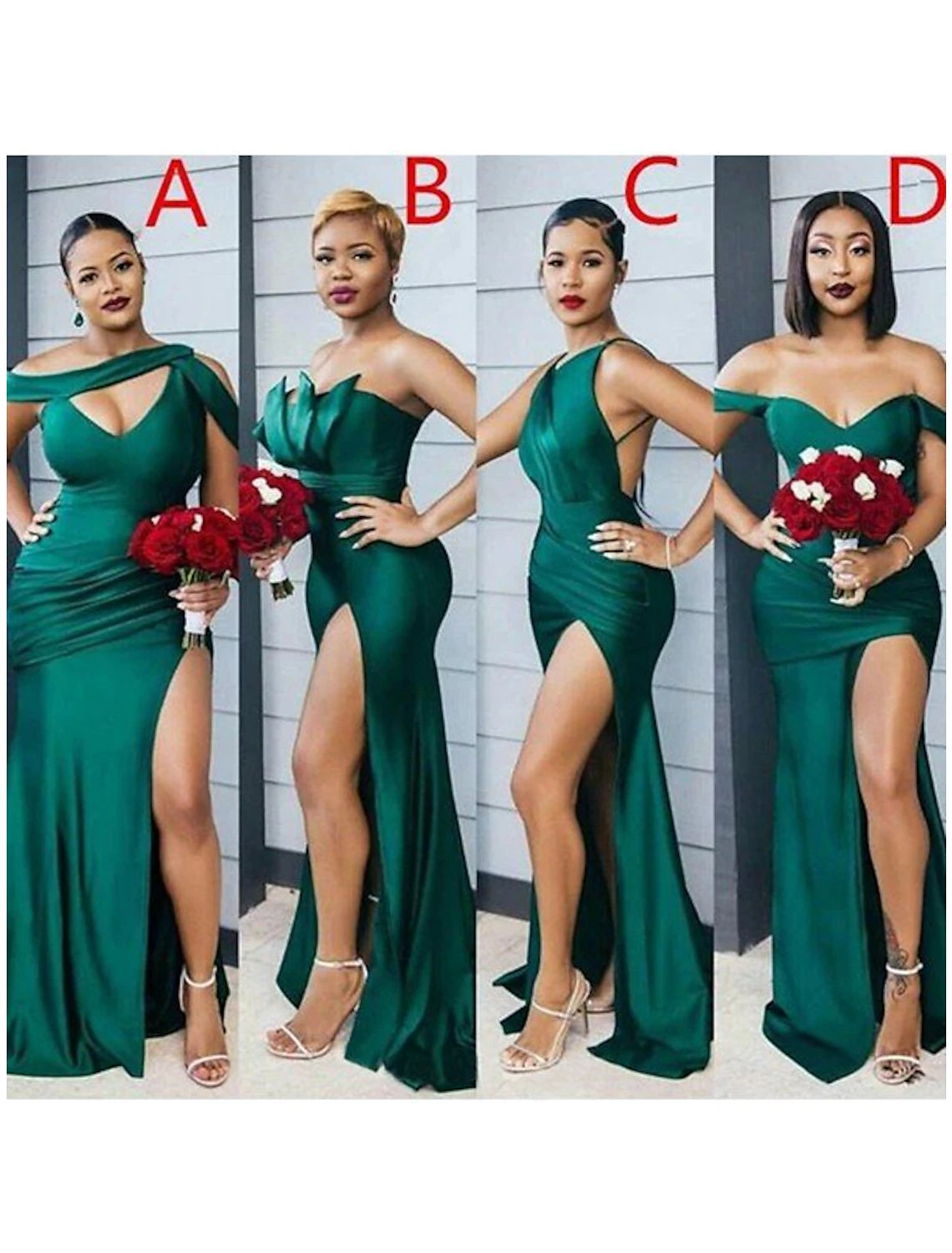 Abito da damigella d'onore a trapezio, senza maniche, con spalle scoperte, sexy, strascico a ruota, in charmeuse con spacco frontale