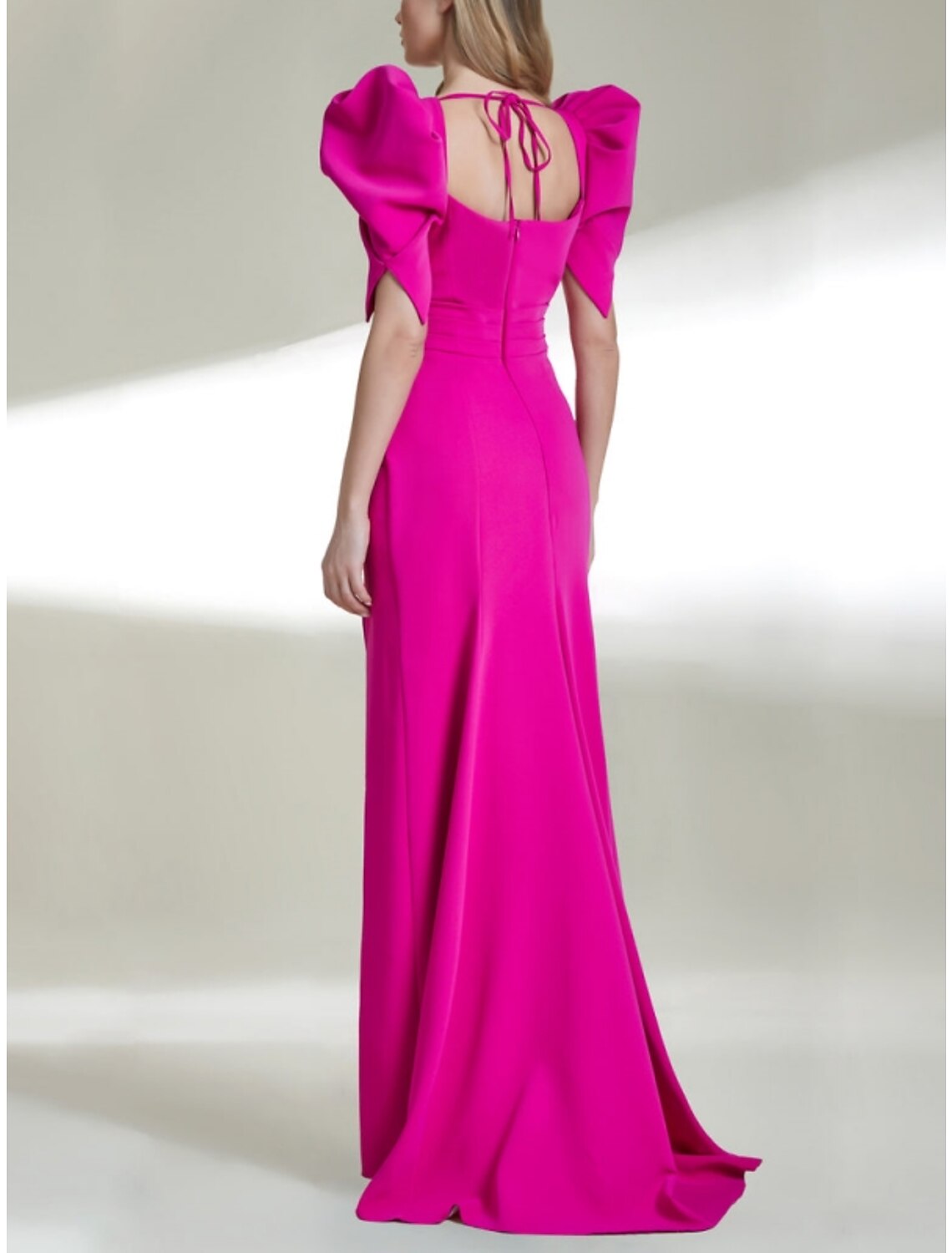 Abito da sera a trapezio, con spacco alto, formale, lunghezza alla caviglia, manica corta, scollo quadrato, tessuto con spacco arricciato