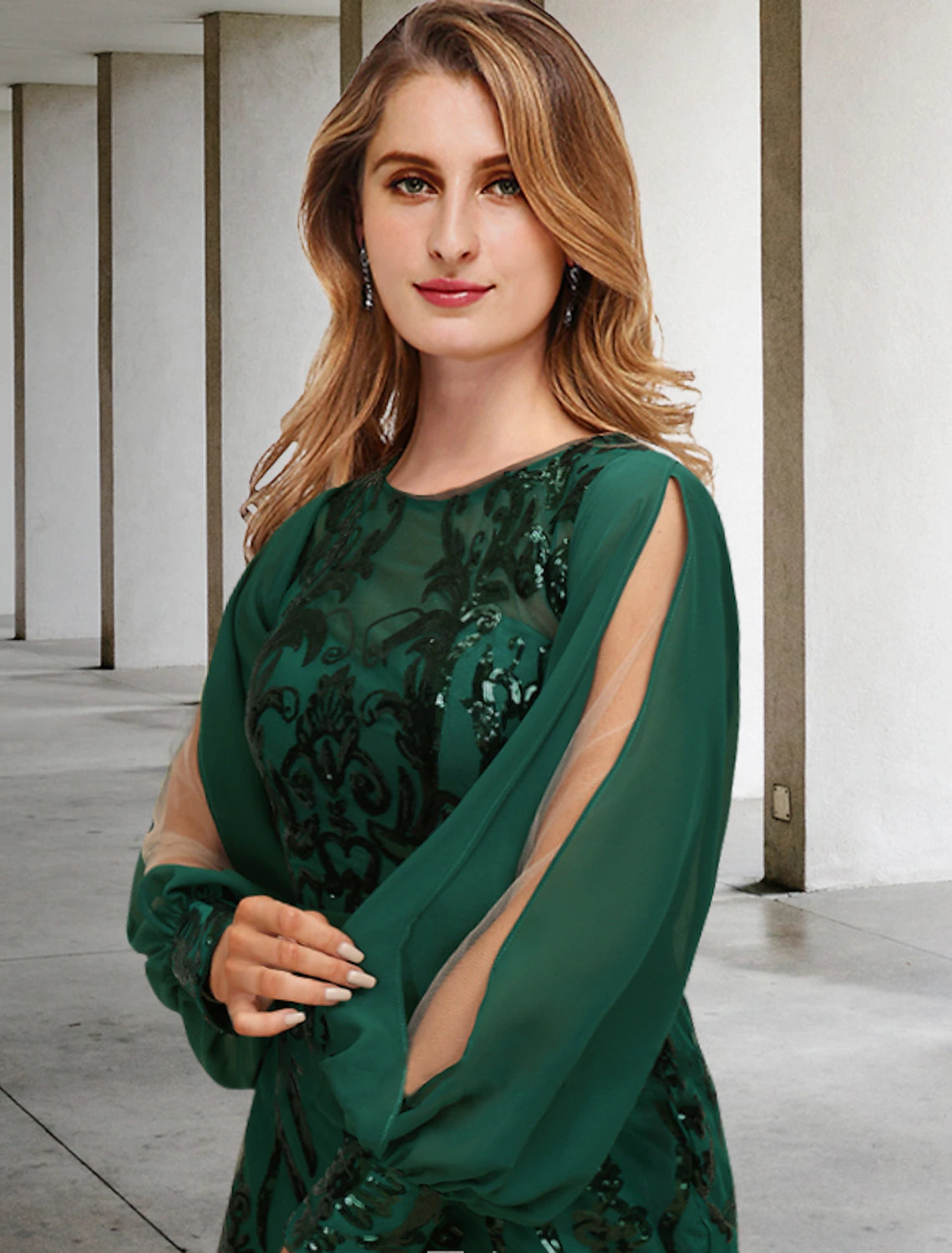 Emerald Sequin Sheath/column Floor-Length Dress with Illusion Long Sleeves