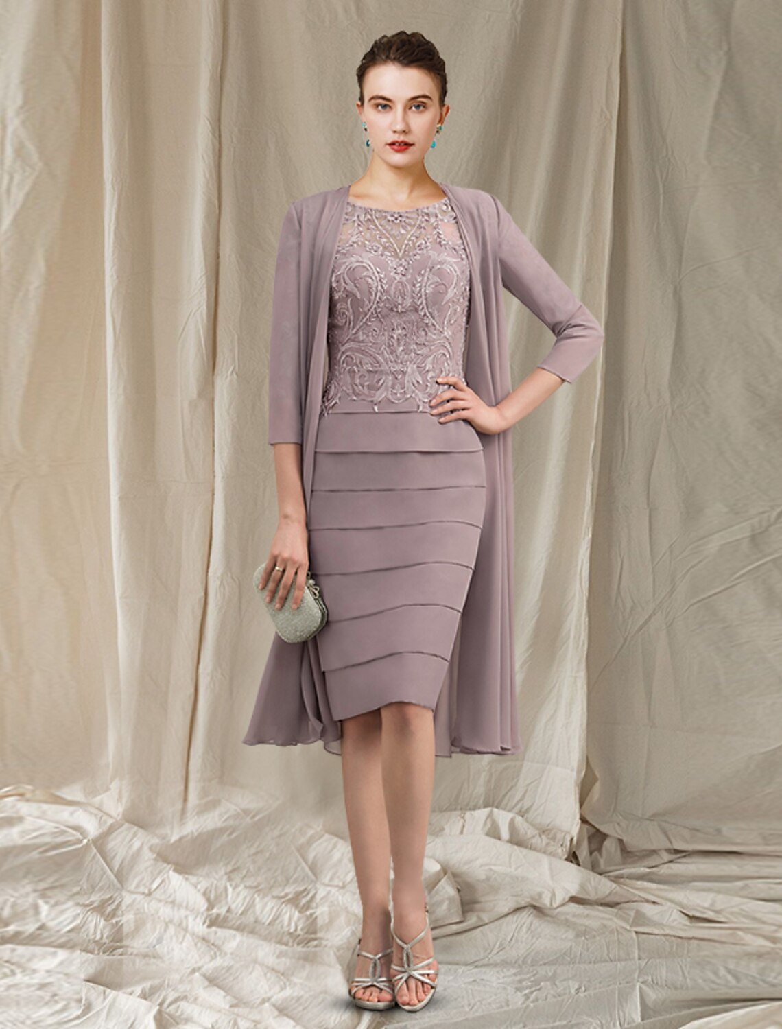 Vestido de dos piezas para madre de la novia, elegante, estilo iglesia, con escote joya, largo hasta la rodilla, de gasa, con encaje, media manga y apliques