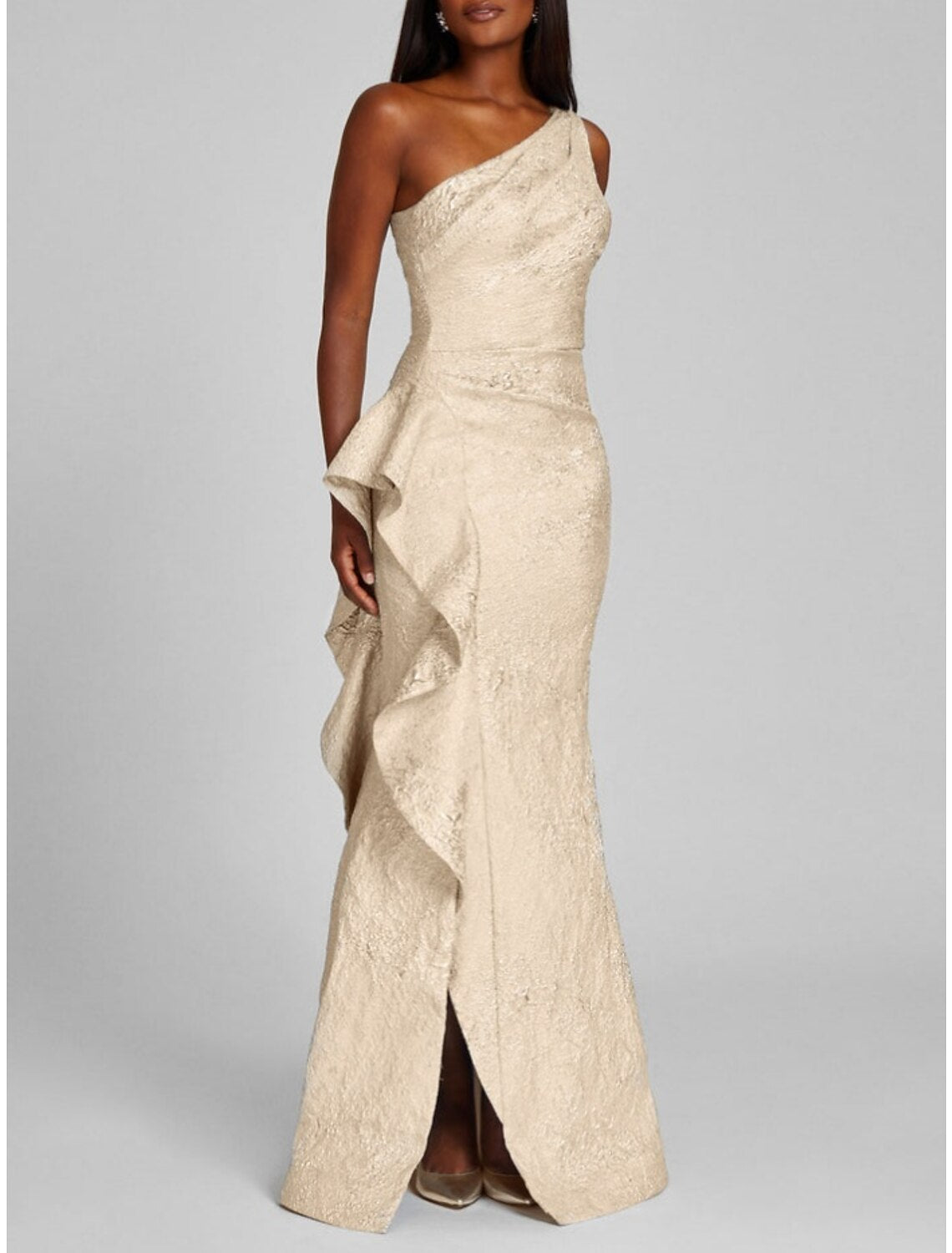 Abito da sera a trapezio, elegante, formale, lungo fino al pavimento, senza maniche, monospalla, con paillettes e volant glitterati, spacco