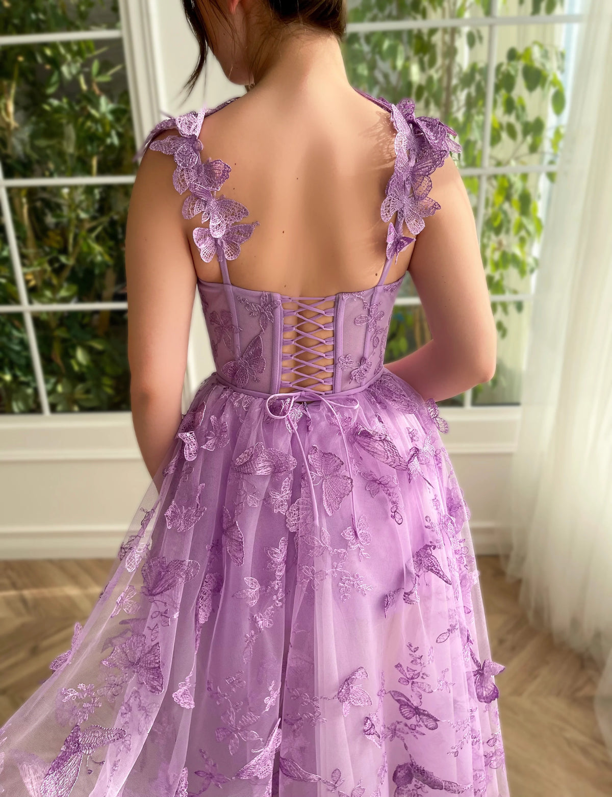 Lavender Tulle A-Line Tea-Length Bridesmaid Dress with Sweetheart Neckline & Butterfly Appliqués