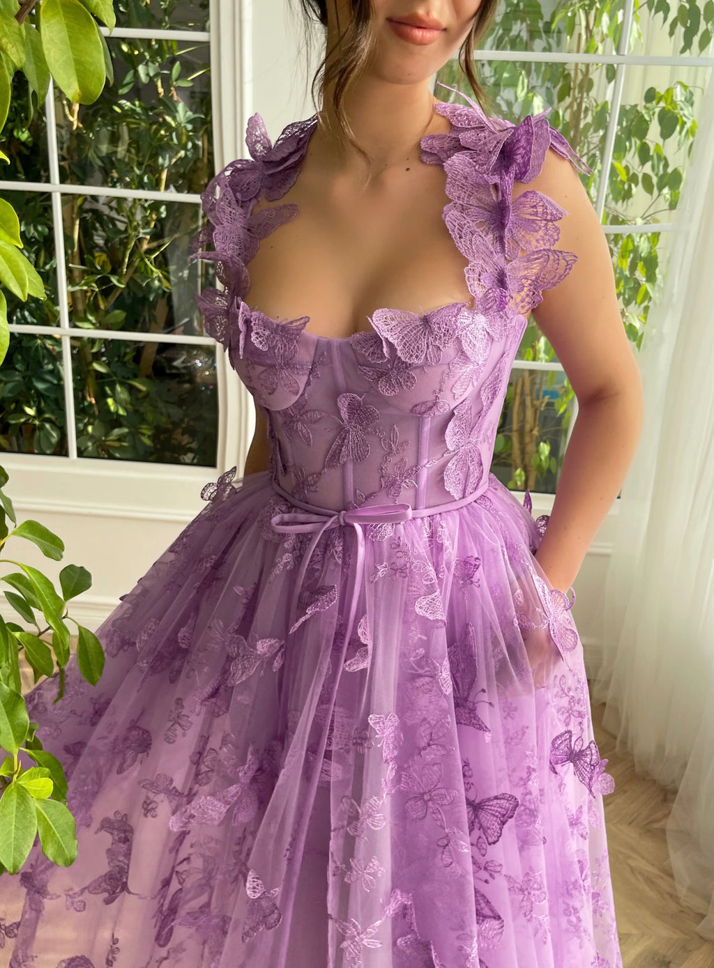 Lavender Tulle A-Line Tea-Length Bridesmaid Dress with Sweetheart Neckline & Butterfly Appliqués