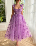 Lavender Tulle A-Line Tea-Length Bridesmaid Dress with Sweetheart Neckline & Butterfly Appliqués