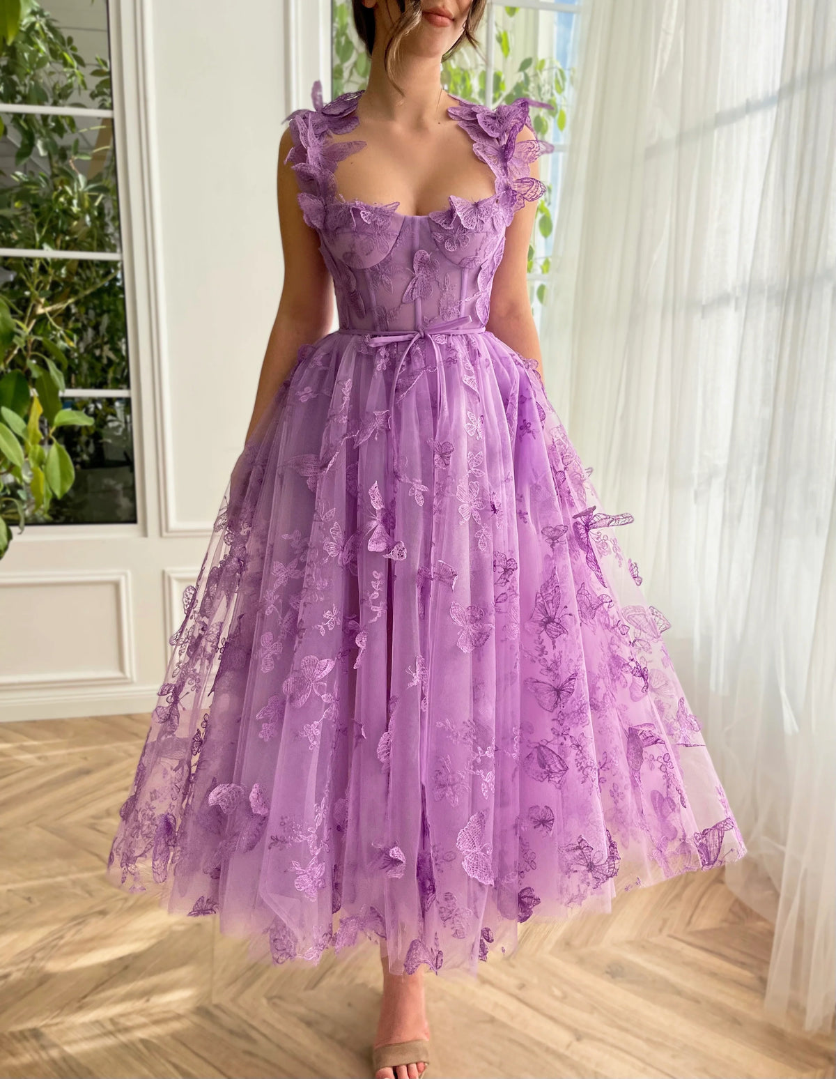 Lavender Tulle A-Line Tea-Length Bridesmaid Dress with Sweetheart Neckline & Butterfly Appliqués