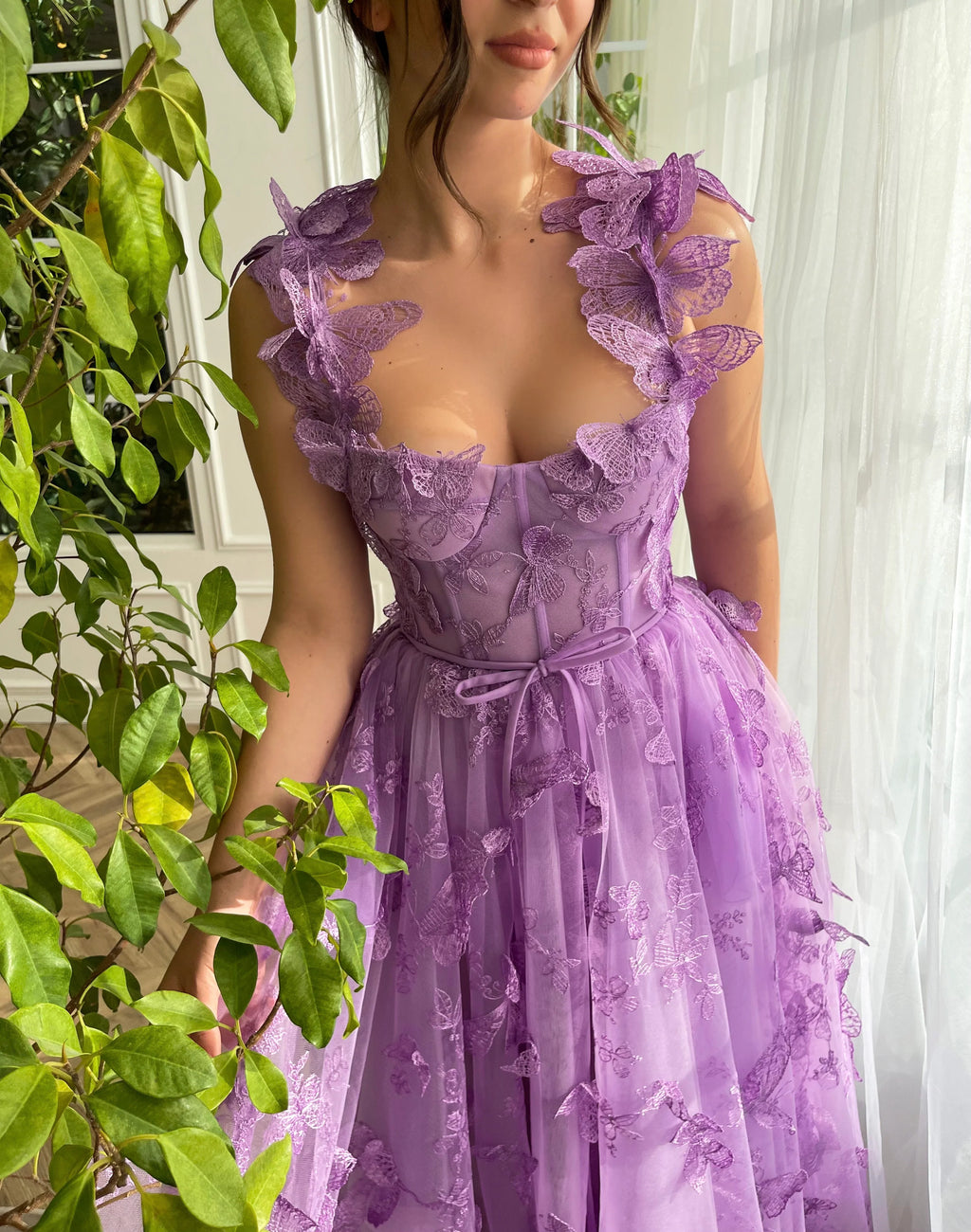 Lavender Tulle A-Line Tea-Length Bridesmaid Dress with Sweetheart Neckline & Butterfly Appliqués