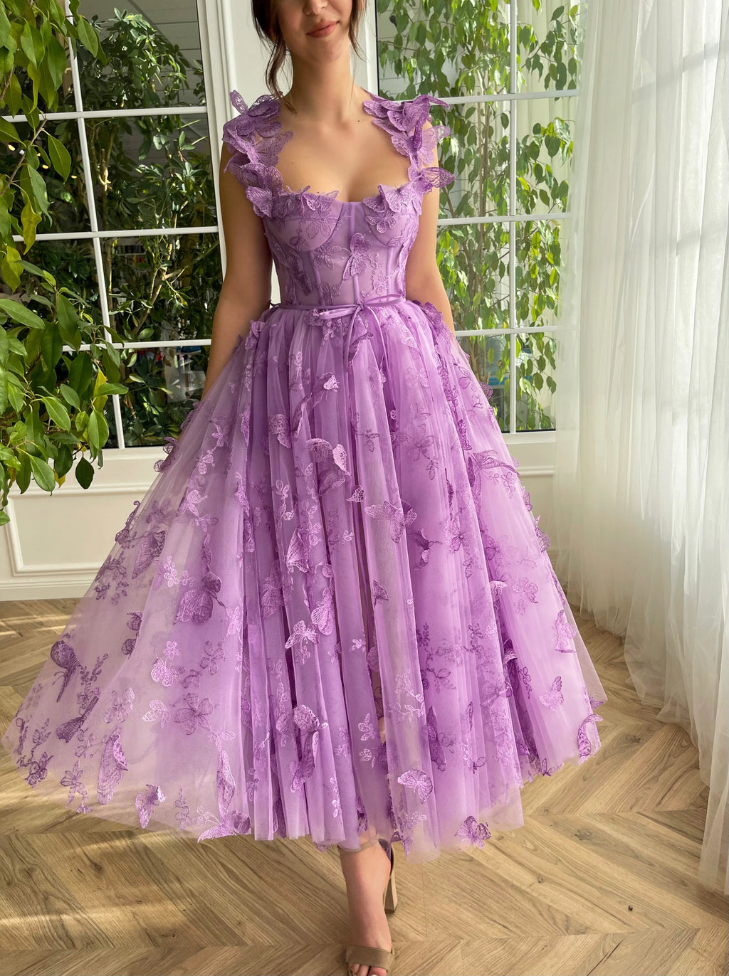 Lavender Tulle A-Line Tea-Length Bridesmaid Dress with Sweetheart Neckline & Butterfly Appliqués