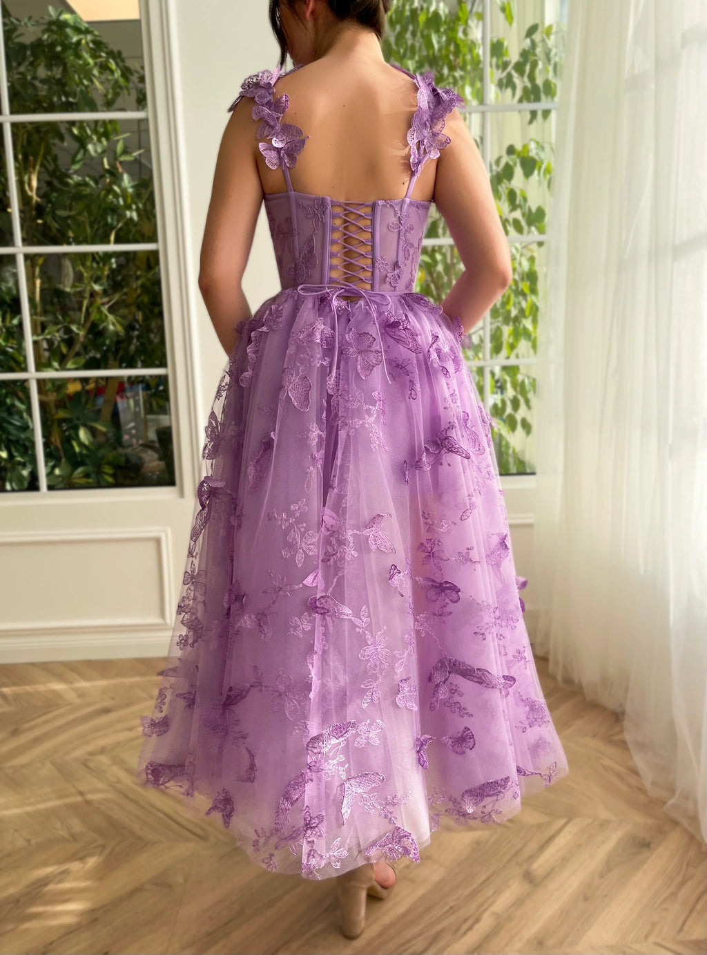Lavender Tulle A-Line Tea-Length Bridesmaid Dress with Sweetheart Neckline & Butterfly Appliqués