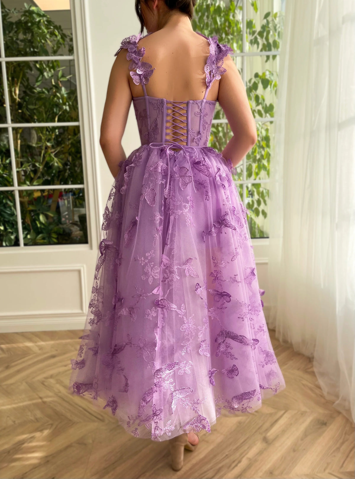Lavender Tulle A-Line Tea-Length Bridesmaid Dress with Sweetheart Neckline & Butterfly Appliqués
