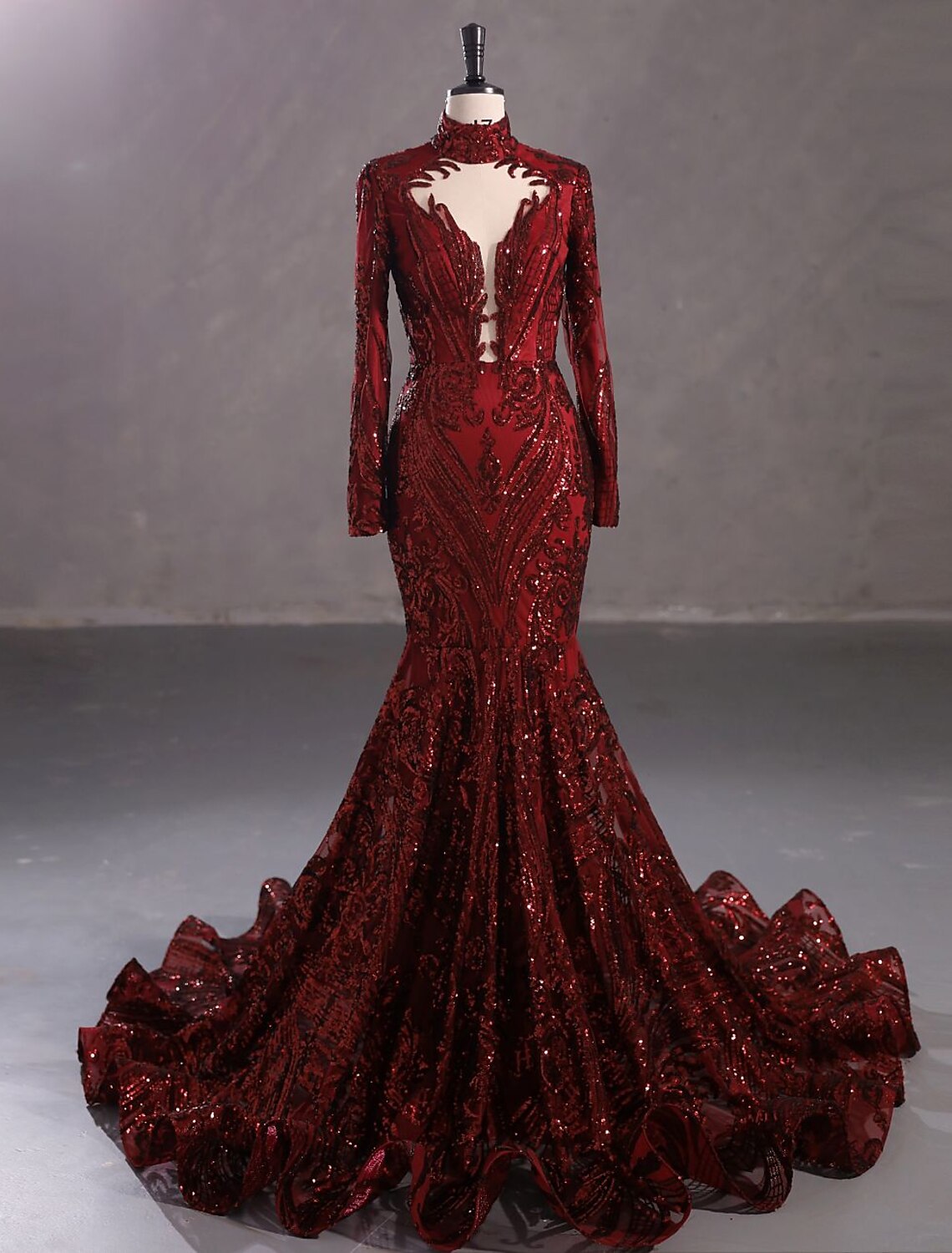 Vestido de fiesta de sirena, vestido de noche, vestido brillante y resplandeciente, vestido de carnaval, Navidad, rojo y verde, cola de corte, manga larga, cuello alto, encaje con lentejuelas