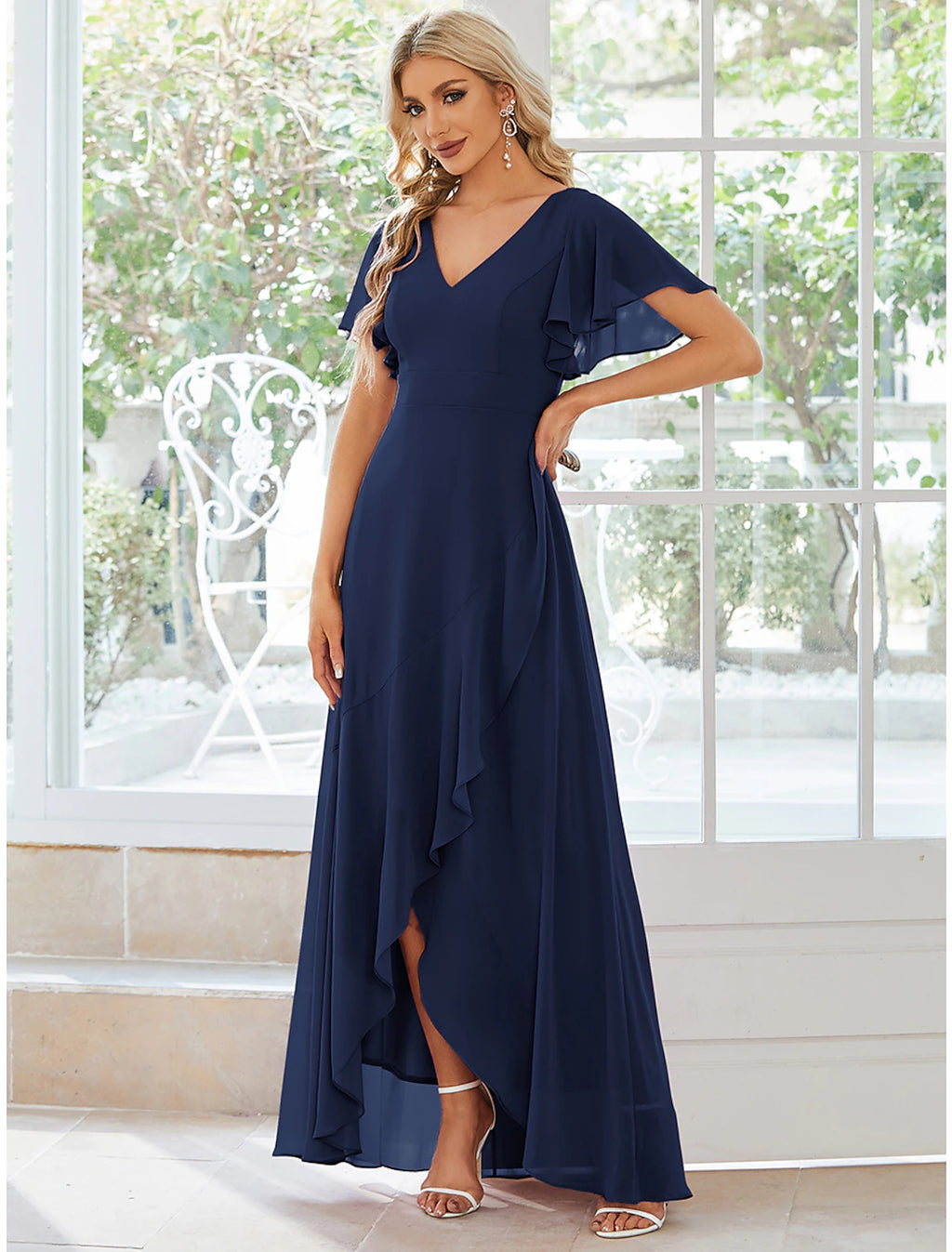 Dark Navy Chiffon A-Line Asymmetrical Bridesmaid Dress with Flutter Sleeves & V-Neck
