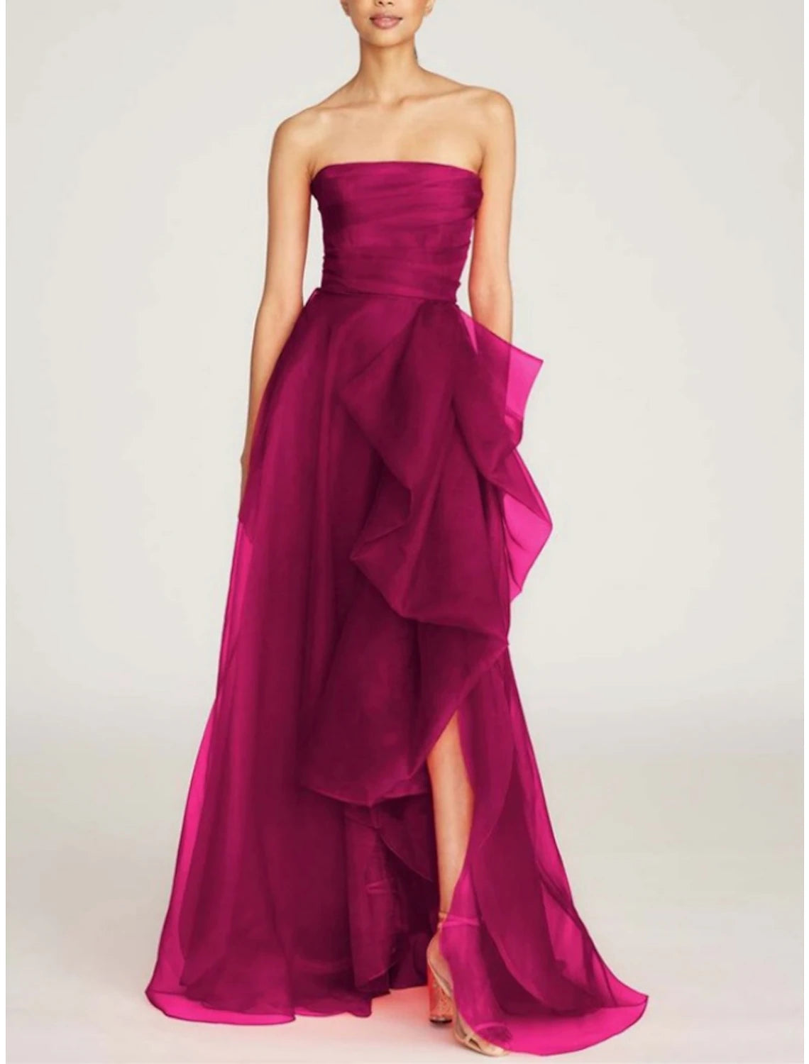 Burgundy Organza A-Line Floor-Length Evening Dress with Straight Neck