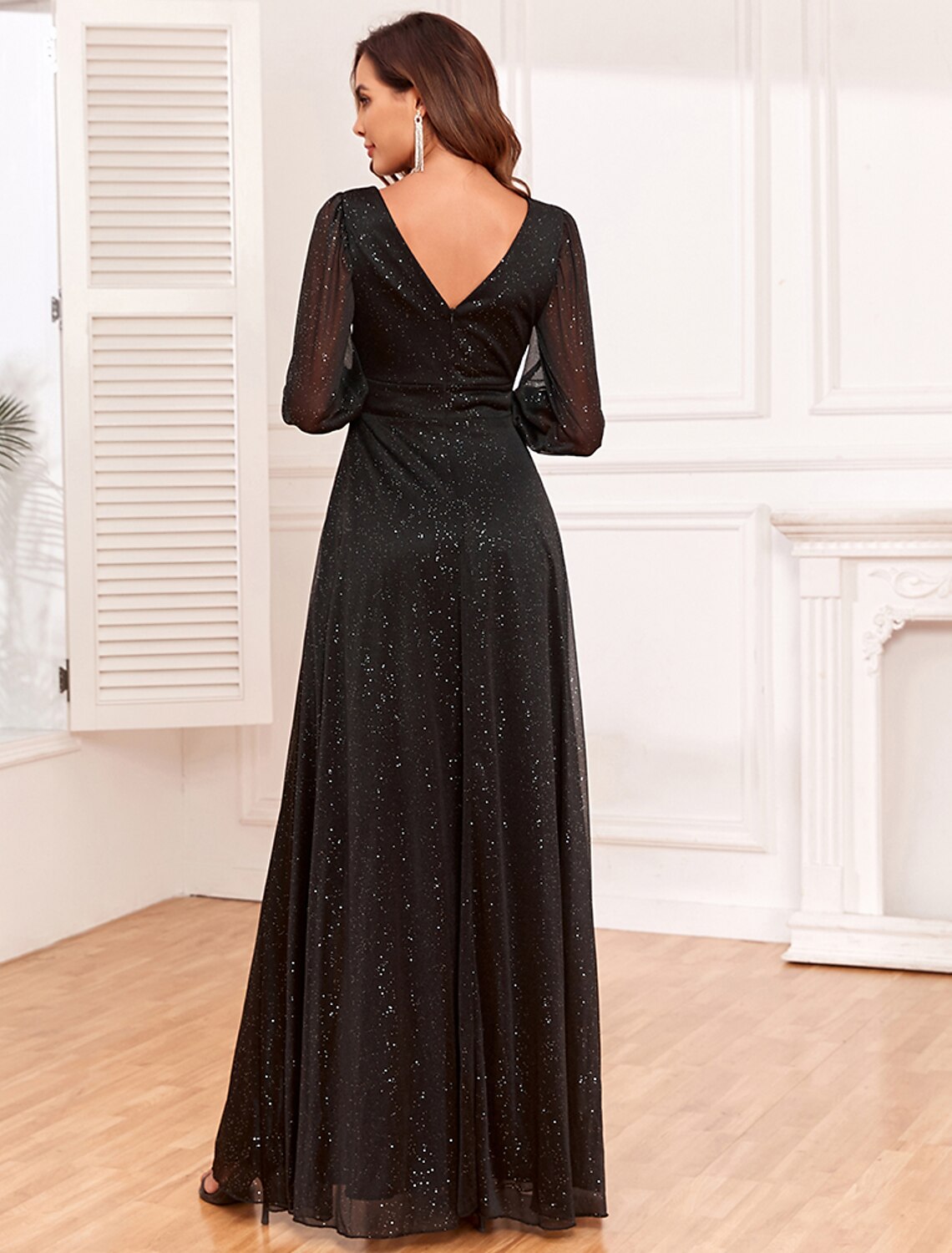Black Glitter Fabric A-Line V-Neck Floor-Length Dress