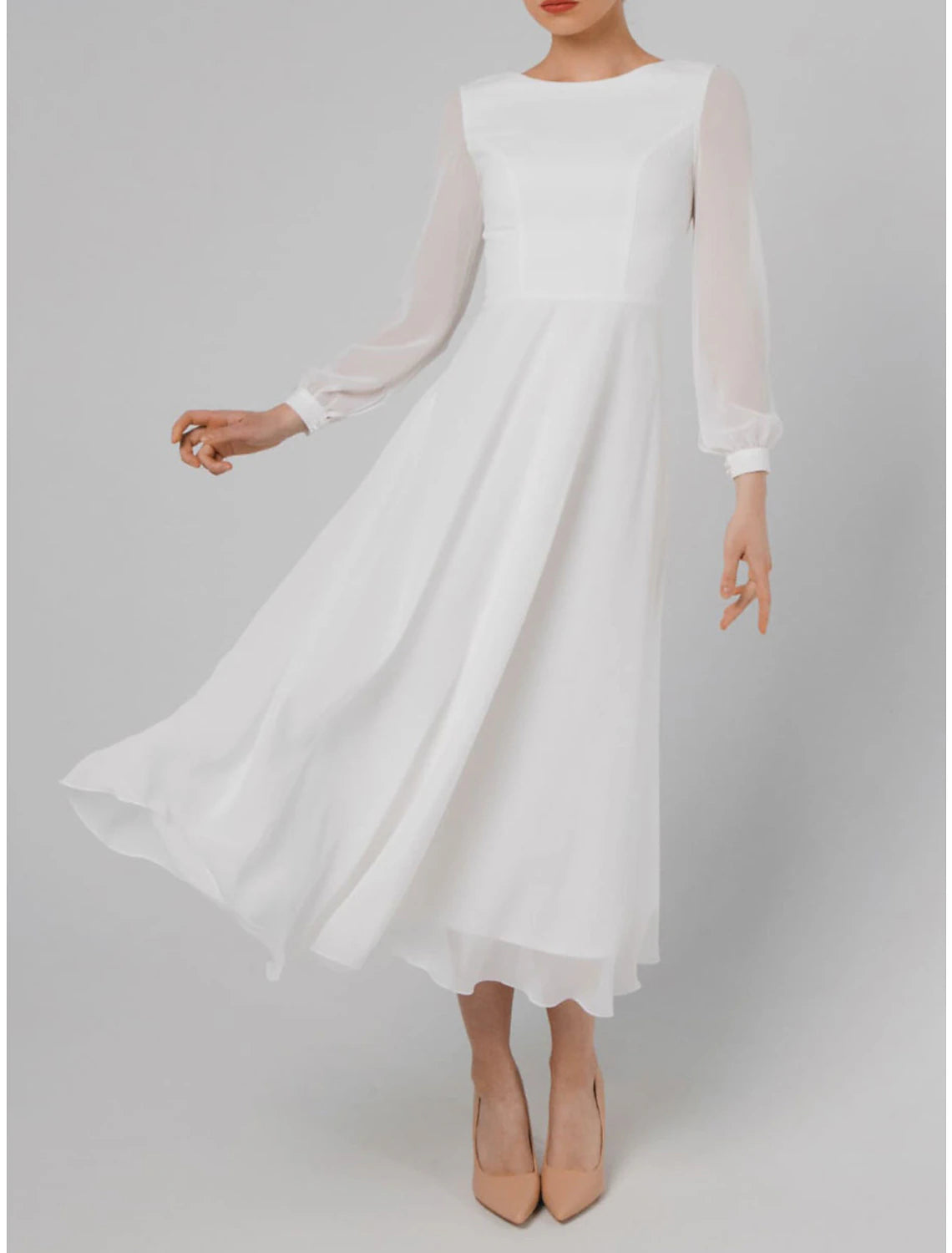 Ivory Chiffon A-Line Tea-Length Bridesmaid Dress with Sheer Long Sleeves