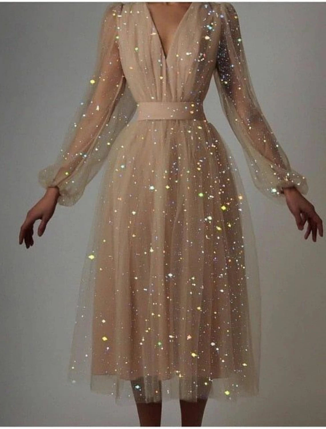 Vestido de fiesta para mujer, vestido de regreso a casa, vestido festivo, vestido midi, rosa albaricoque, manga larga, color puro, malla, verano, primavera, otoño, cuello en V, vestido romántico para fiesta de invierno, cumpleaños