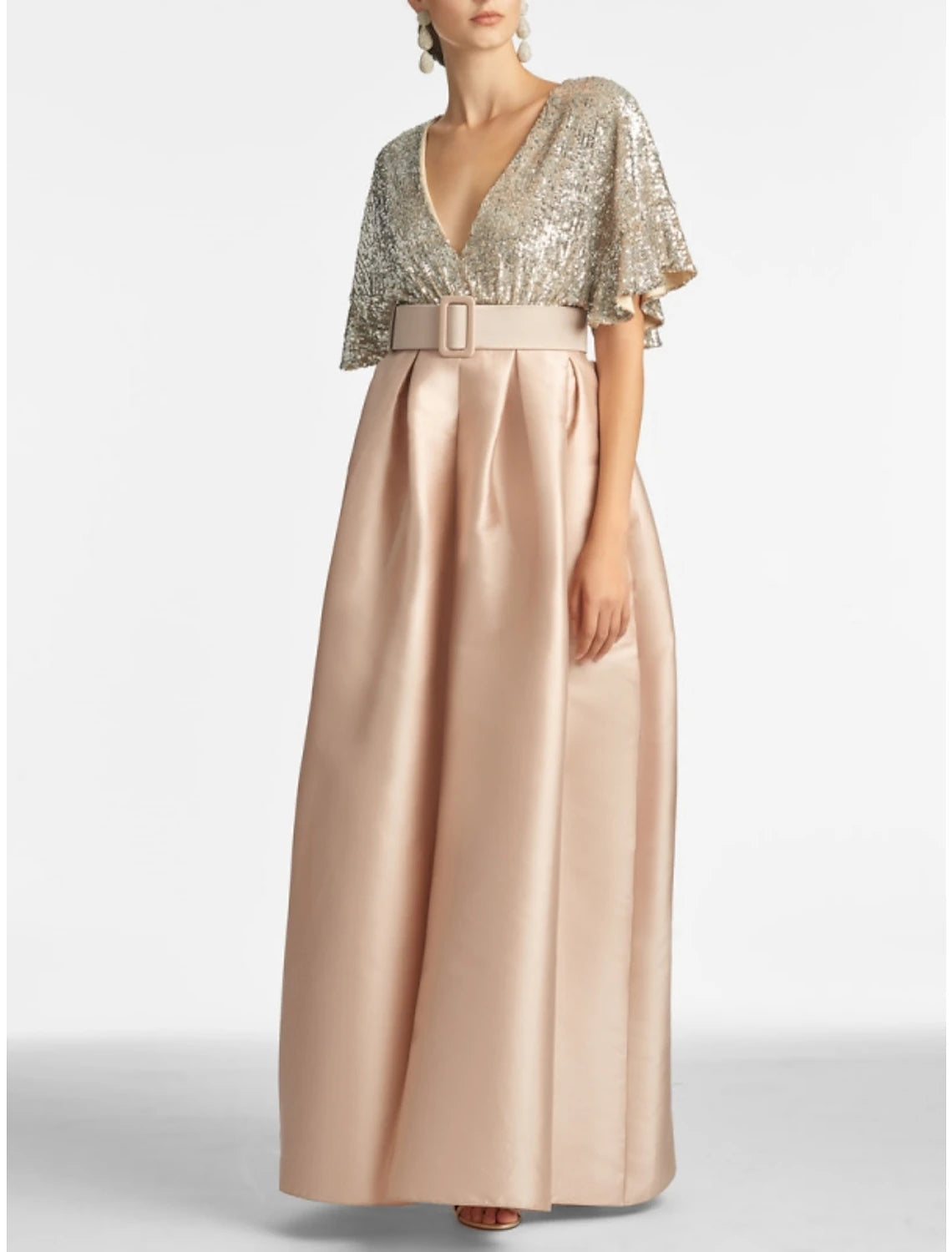 Abito da sera a trapezio, scintillante e brillante, per invitati a nozze formali, lunghezza alla caviglia, mezza manica, scollo a V, in raso con pieghe glitterate, 2025