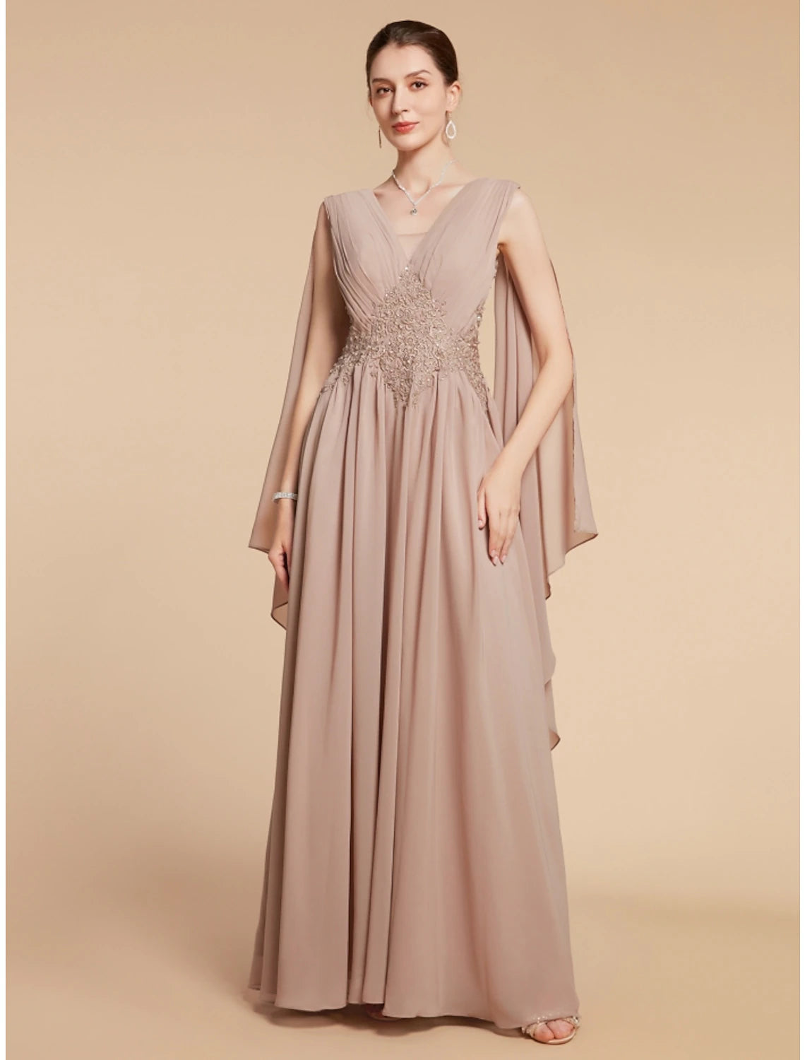 Abito da cerimonia per la madre della sposa, a trapezio, elegante, con scollo a V, lunghezza alla caviglia, in chiffon, pizzo, senza maniche, con arricciature, tinta unita