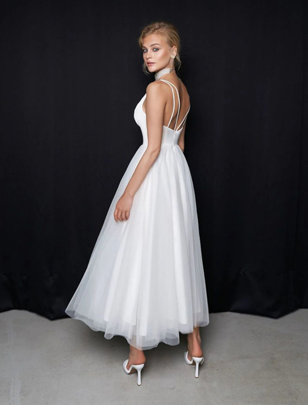 White Satin Tea-Length A-Line Bridesmaid Dress with Draped V-Neck Bodice