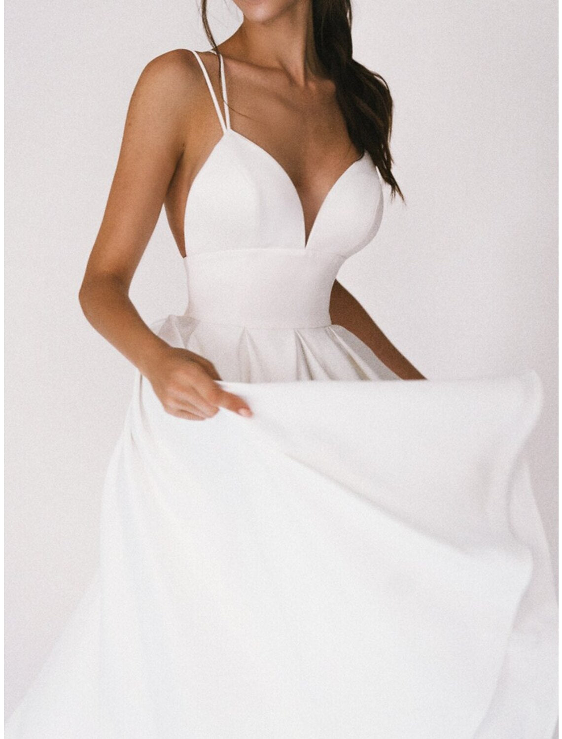 Abiti da ballo a trapezio con schiena scoperta, da invitata a nozze, per le feste, lunghezza tè, senza maniche, spalline sottili, spandex, schiena scoperta con pieghe