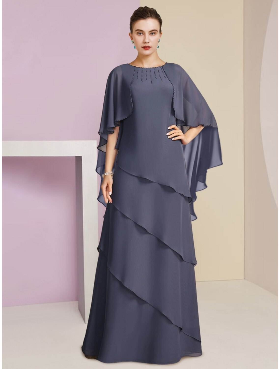 Stormy Chiffon Tiered Floor-Length Evening Dress with Embellished Scoop Neck