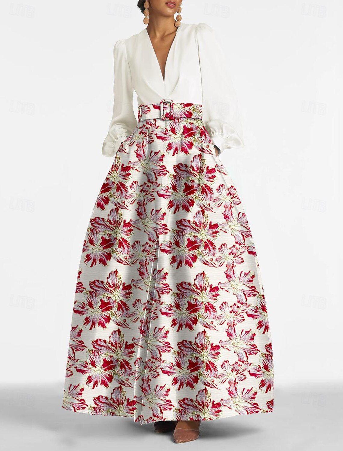 Abito da sera elegante con stampa floreale a trapezio, in metallo, con scollo a V, manica lunga, cintura/fascia in nylon